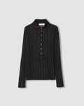 Black Lydia Polo in silk crepe fine gauge knitwear. Long sleeve button-up with shirt collar & ribbed texture. Packshot