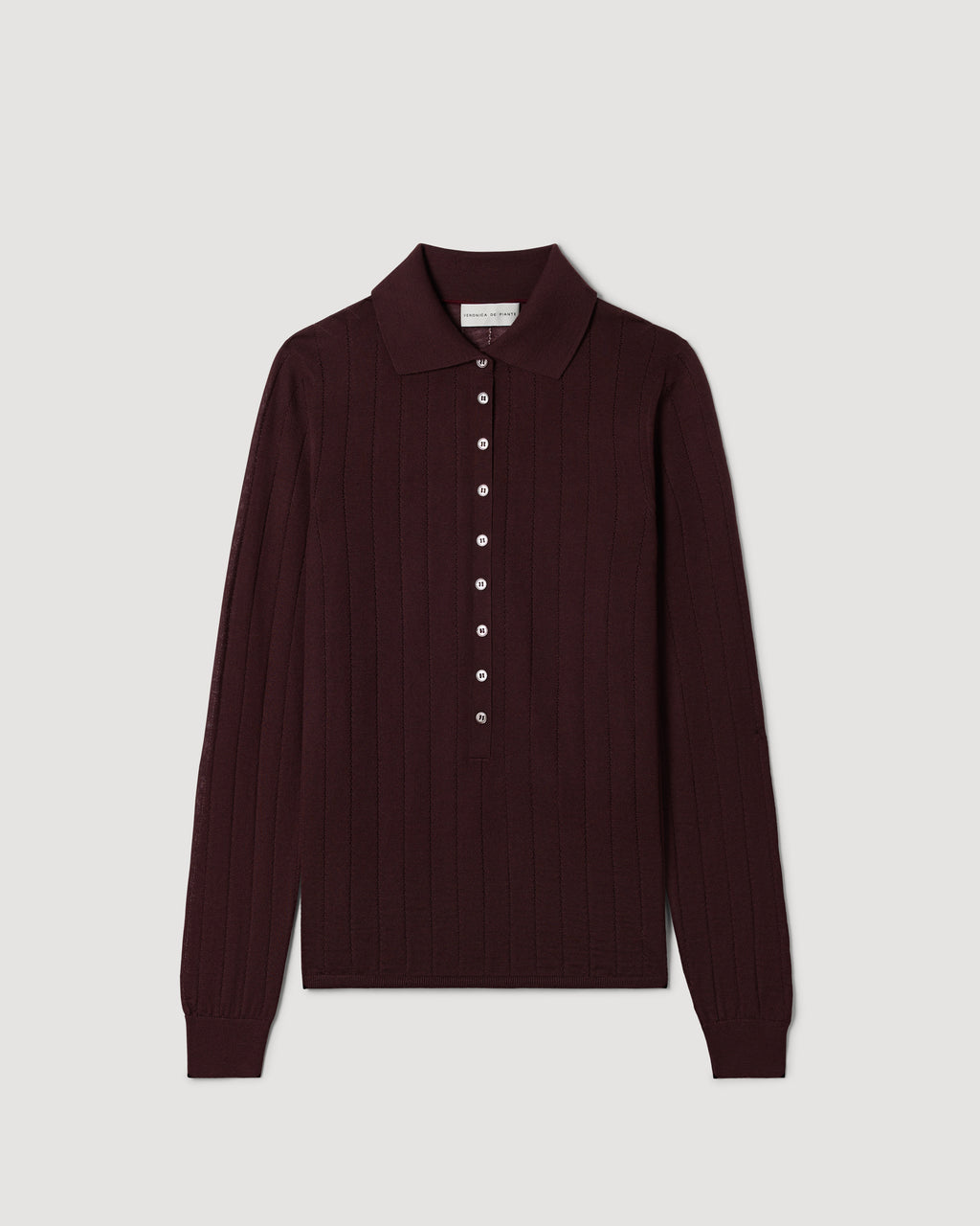 Veronica De Piante Luna Burgundy Cashmere Polo Knitwear, close-up view showing soft texture and classic collar detail.