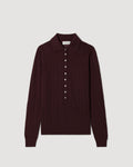 Luna Polo Cashmere Knitwear, Burgundy. Long-sleeve polo shirt packshot with mother-of-pearl buttons, ribbed cuffs, openwork stitch