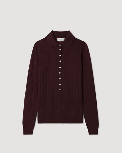 Luna Polo Cashmere Knitwear, Burgundy. Long-sleeve polo shirt packshot with mother-of-pearl buttons, ribbed cuffs, openwork stitch