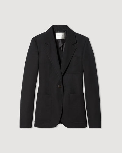 Black Faye tailored single breasted one button blazer with patch pockets, grain de poudre wool