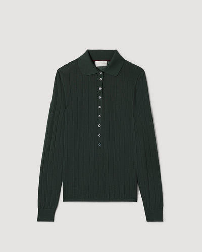 Luna Emerald Green Cashmere Polo knitwear packshot, long-sleeve, semi-sheer openwork, mother-of-pearl buttons, ribbing