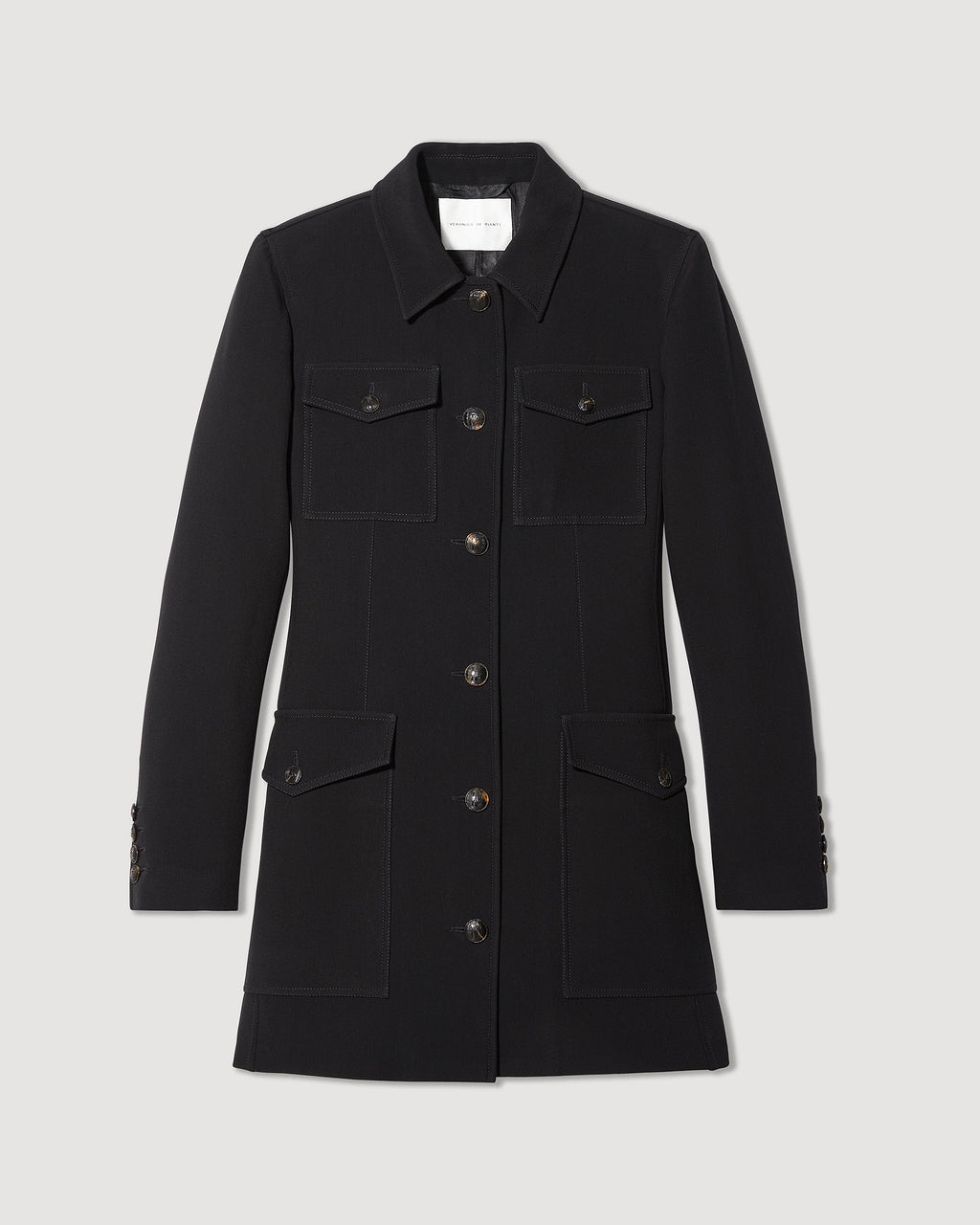 Black Alma Jacket in Viscose Crepe by Veronica De Piante, shown hanging with a tailored fit and stylish collar detail.