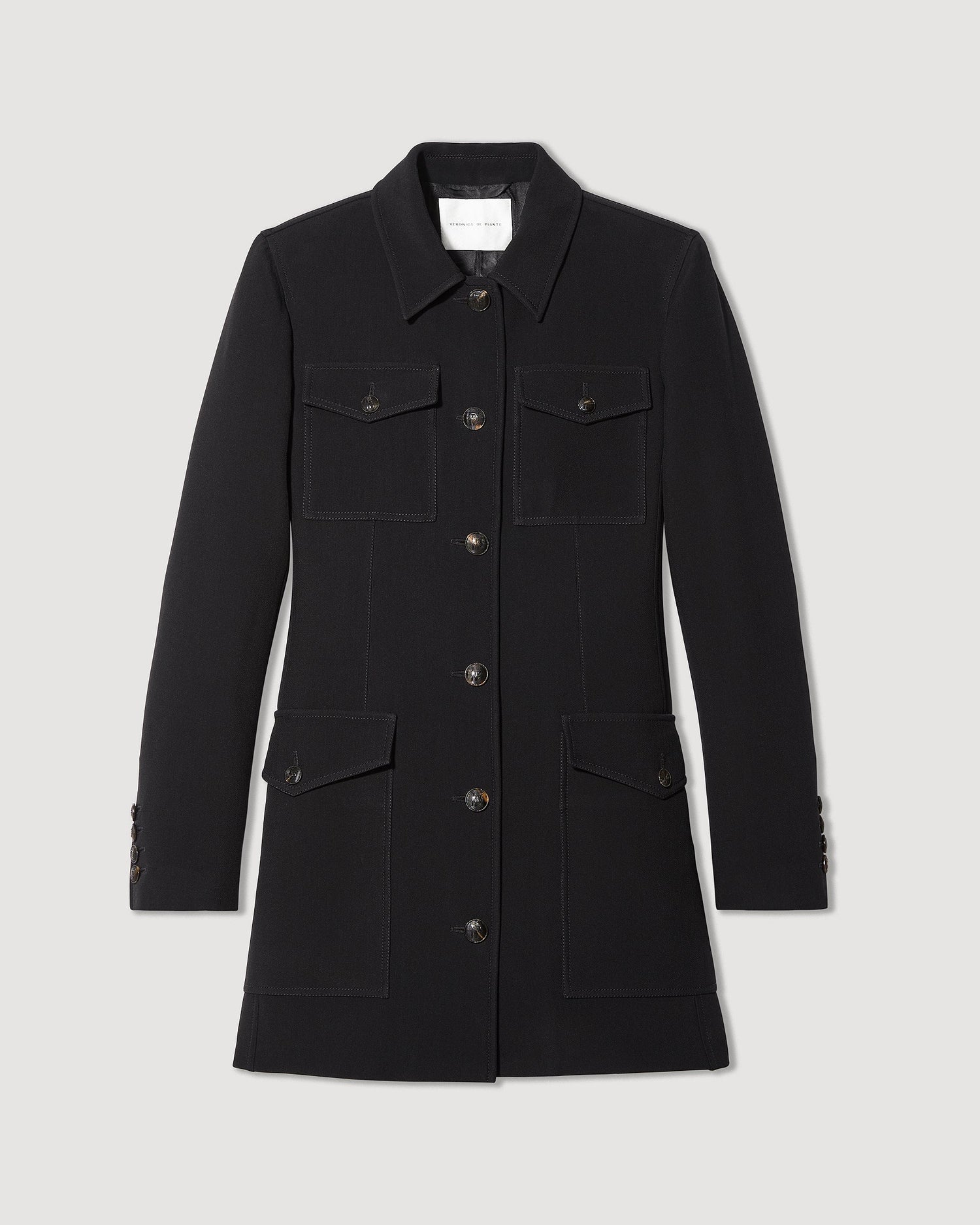 Veronica De Piante Alma Jacket in black viscose crepe, stylish coat with a sleek, tailored fit and minimalist design.