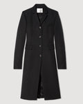 Tailored black Manon Coat in grain de poudre wool. Single-breasted design with horn buttons. Women's luxury coat packshot