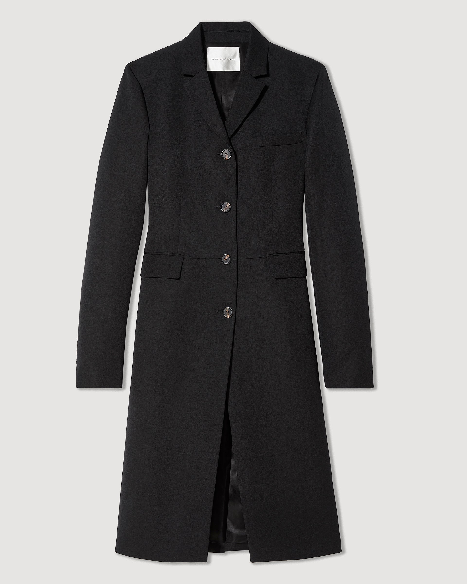 Black wool Manon coat by Veronica De Piante, featuring a tailored silhouette and classic lapel design.