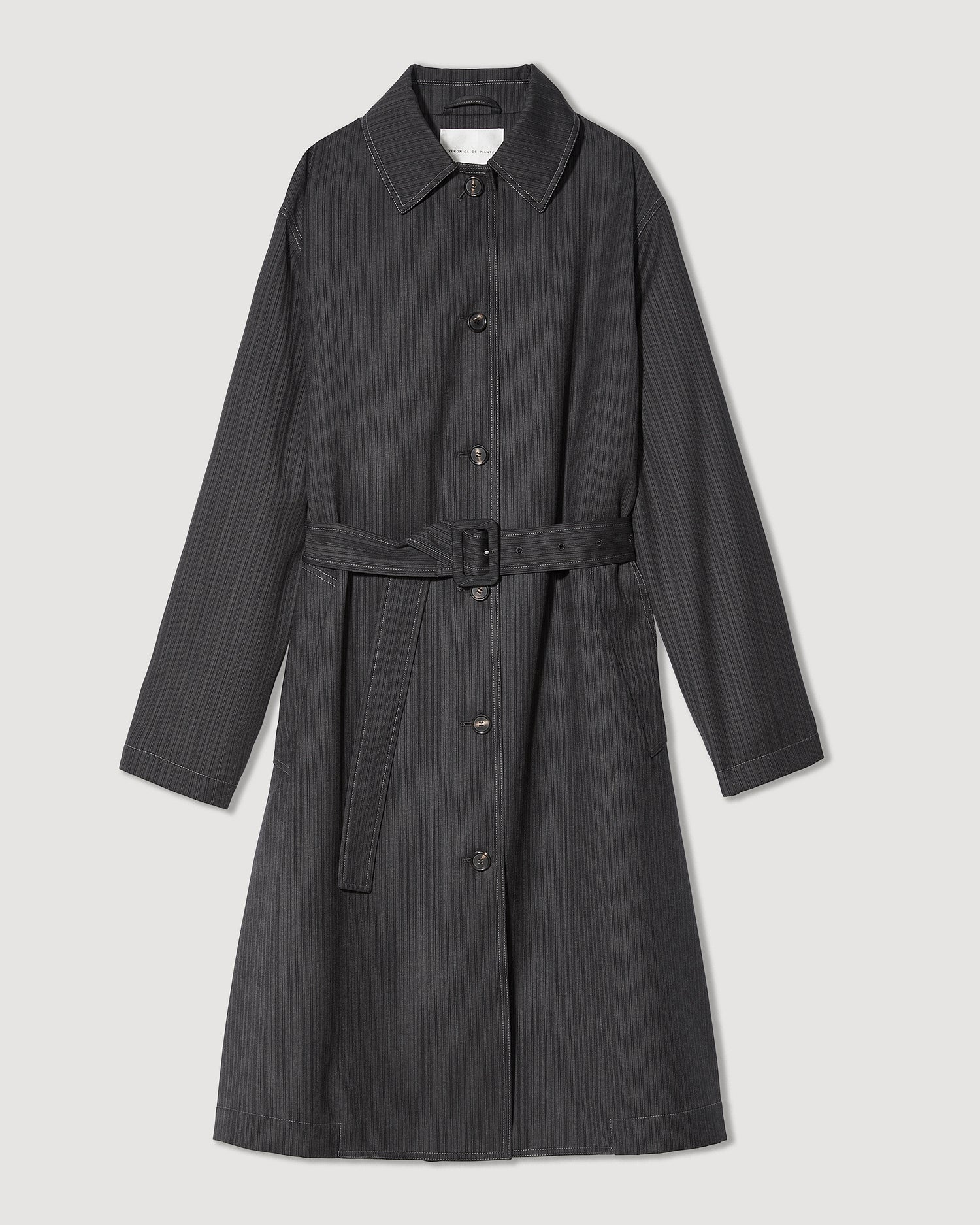 Madeleine Trench in Wool Striped Suiting, Grey