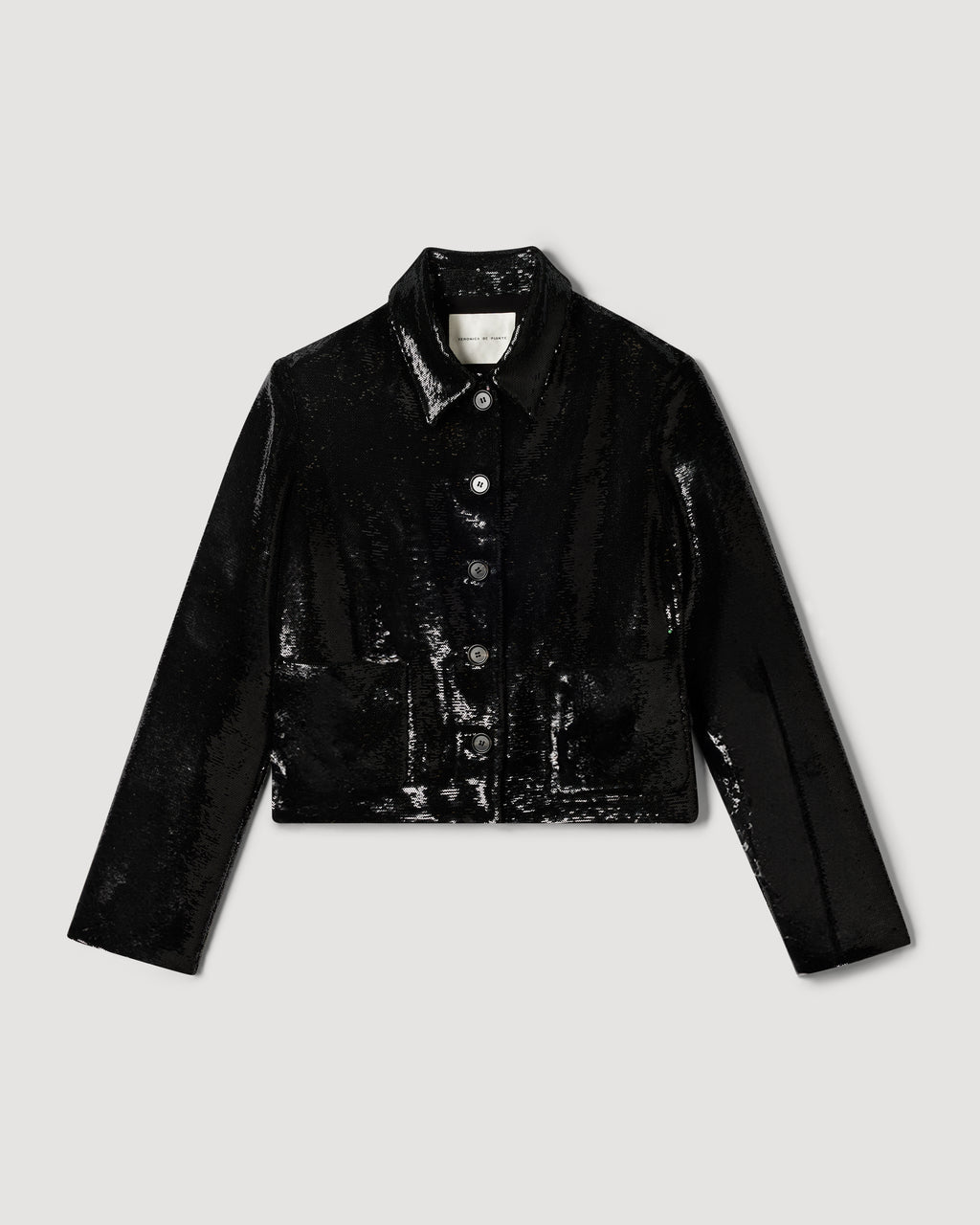 Black Ines Jacket in flat sequins by Veronica De Piante, featuring a stylish, shimmering coat with sequin detail.