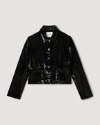 Black Ines Jacket in flat sequins by Veronica De Piante, featuring a stylish, shimmering coat with sequin detail.
