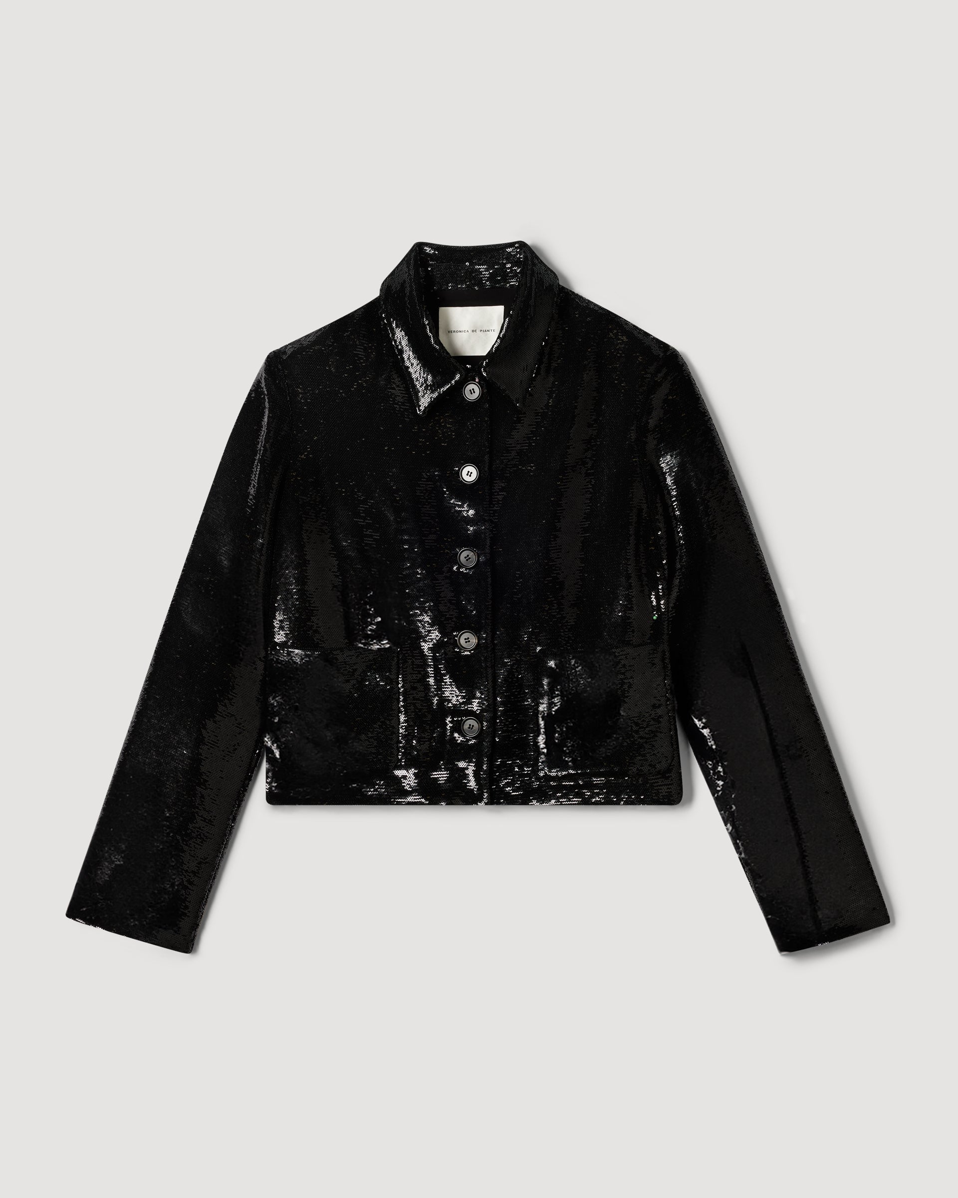 Black Ines Jacket in flat sequins by Veronica De Piante, featuring a stylish, shimmering coat with sequin detail.