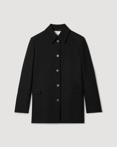 Black Klara Jacket wool viscose packshot. Structured, uniform-inspired, sharp collar, horn buttons, flapped welt pockets