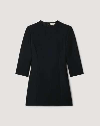 Black Dexter mini dress, structured wool-viscose blend. Features 3/4 sleeves, princess seams, subtle shoulder pads, tailored fit