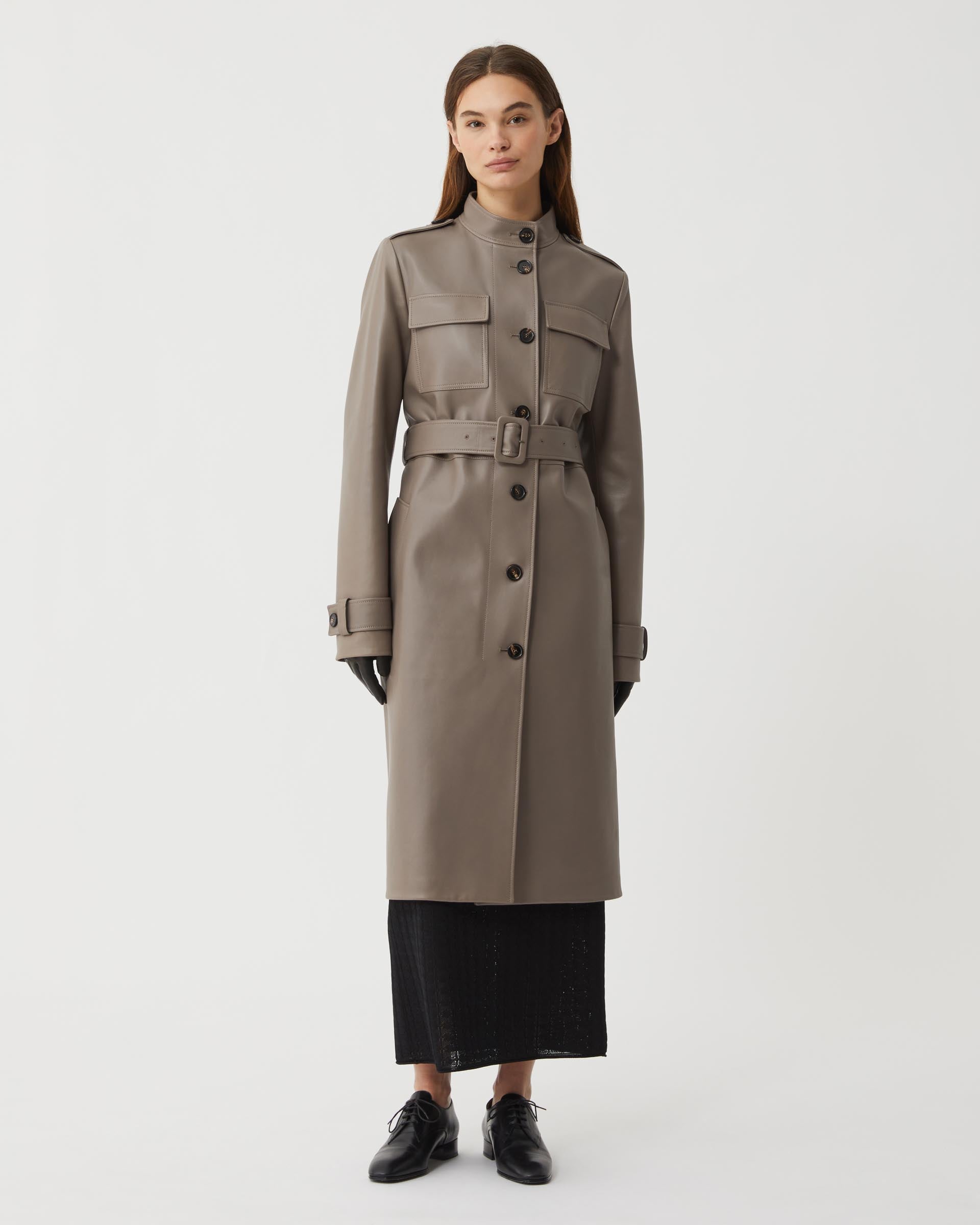 Celine Nappa Leather coat in smog gray, featuring a sleek design and modern silhouette for stylish outerwear.
