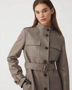 Celine Smog Nappa Leather coat displayed on a hanger, showcasing its sleek design and luxurious texture.