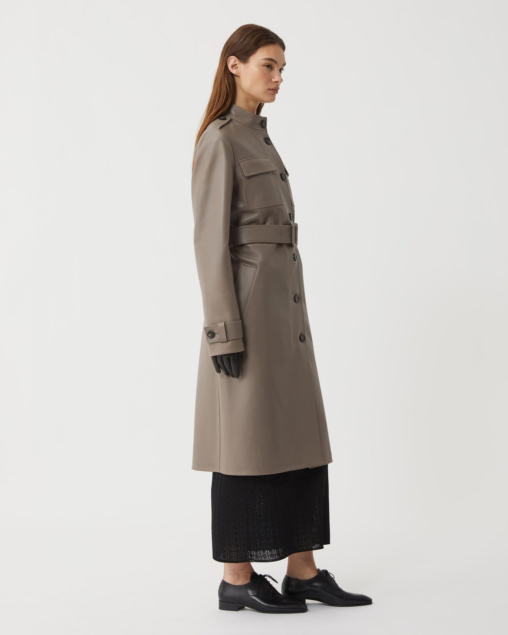 Celine Nappa Leather coat in smog color, featuring a sleek design and stylish silhouette for modern layering.