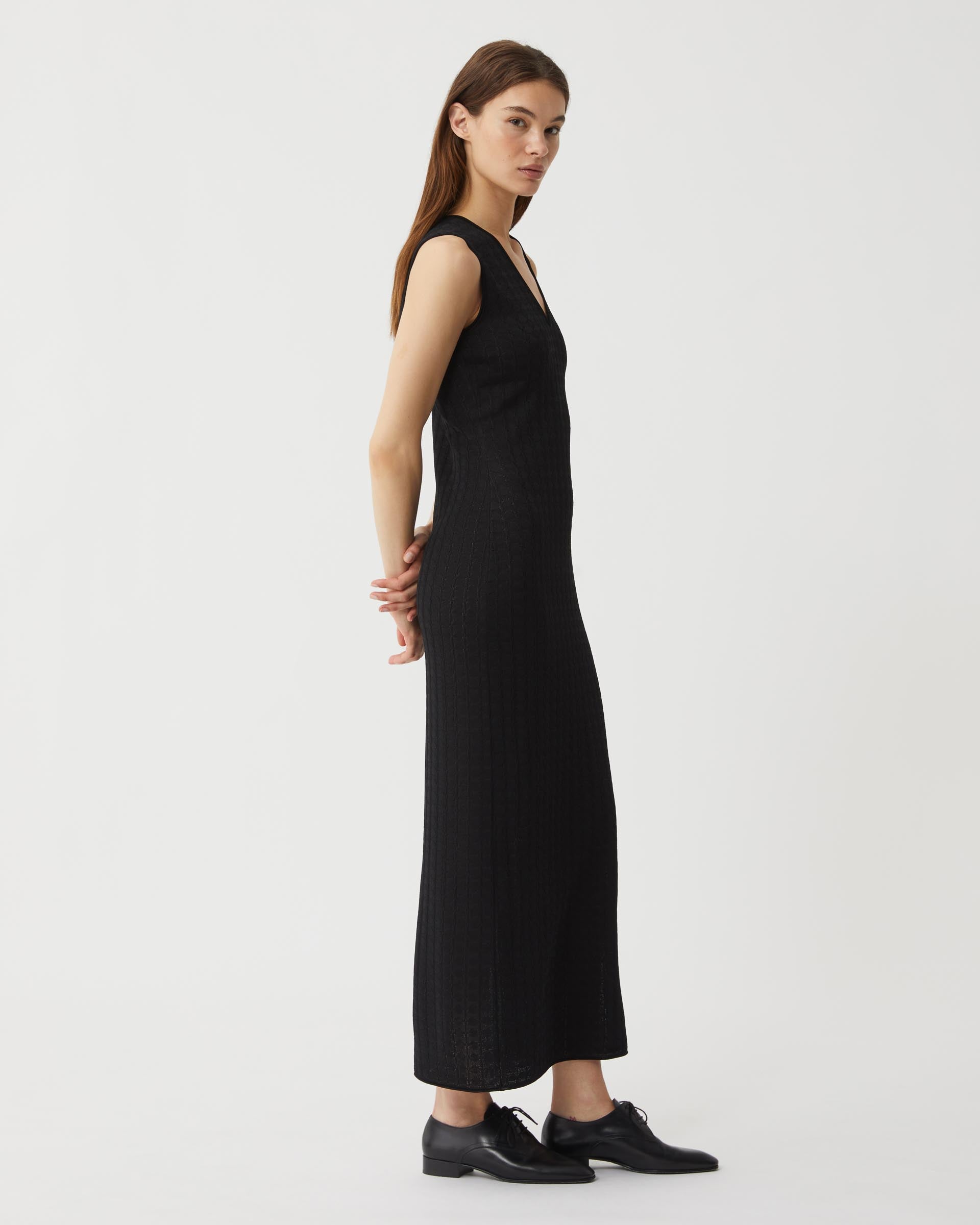 Brie Dress in Silk Crepe Crochet, Black