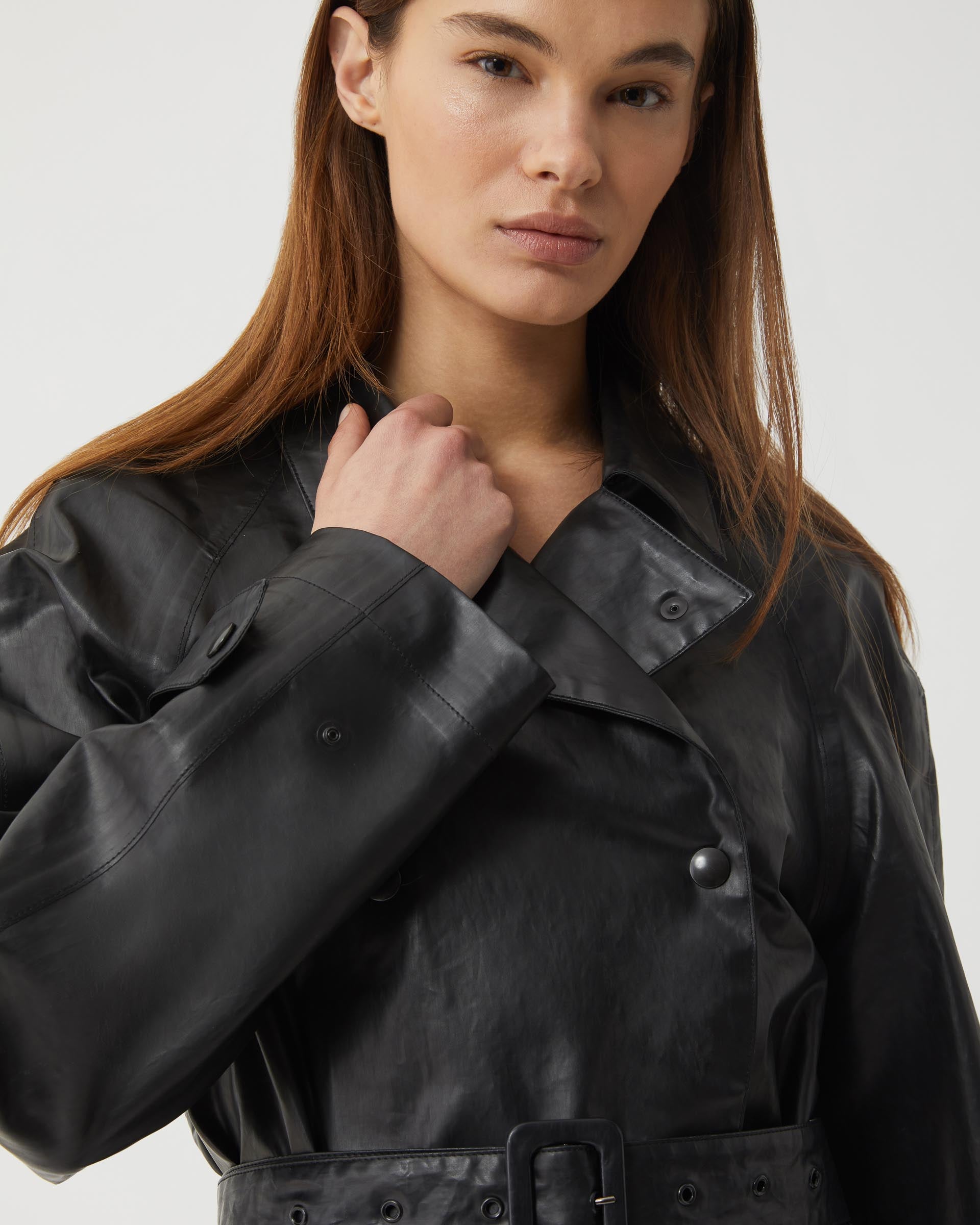 Madeleine Trench in Coated Cotton, Black