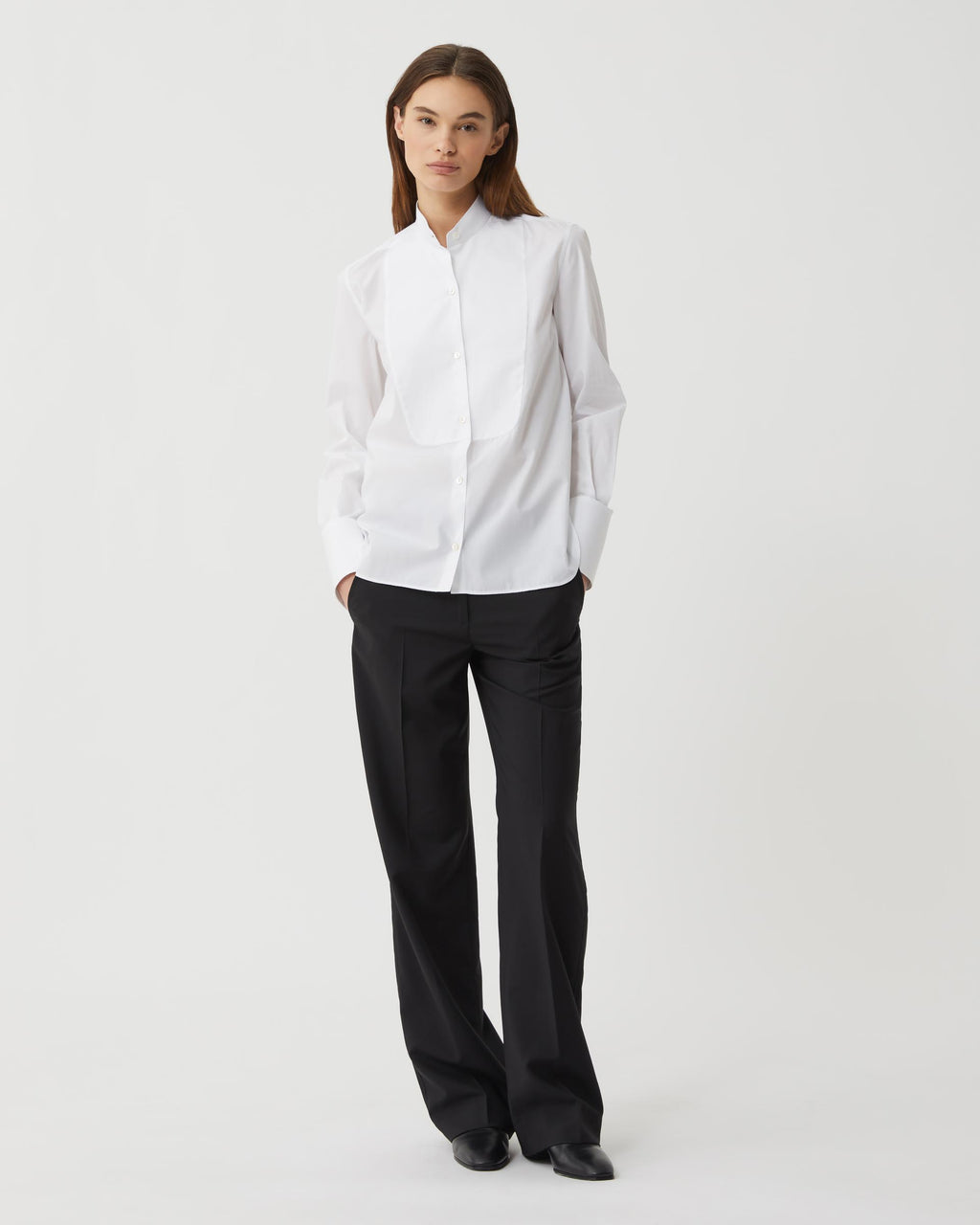 White Ruby Tuxedo Shirt in Cotton Poplin by Veronica De Piante, featuring a classic tuxedo design and crisp fabric texture.