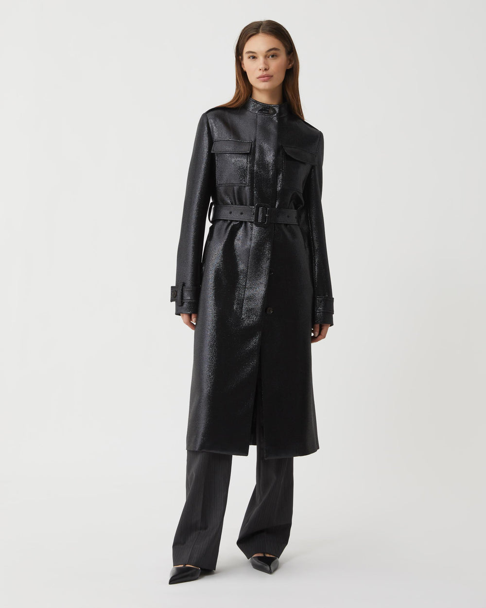 Celine Coat in Lurex Twill, Black