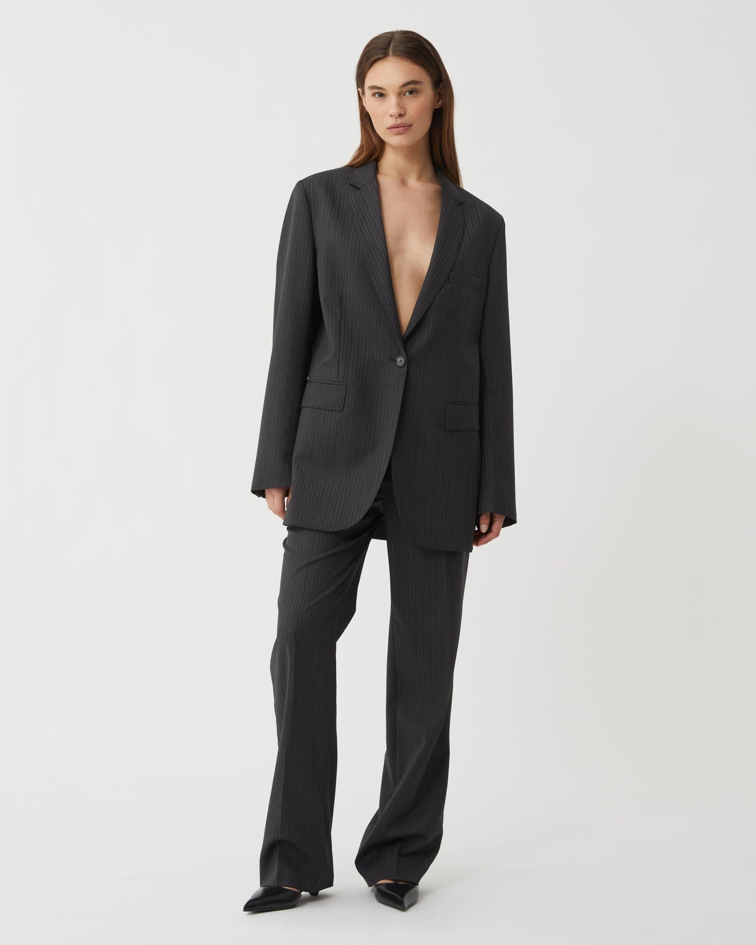 Renata Jacket in Wool Striped Suiting, Grey