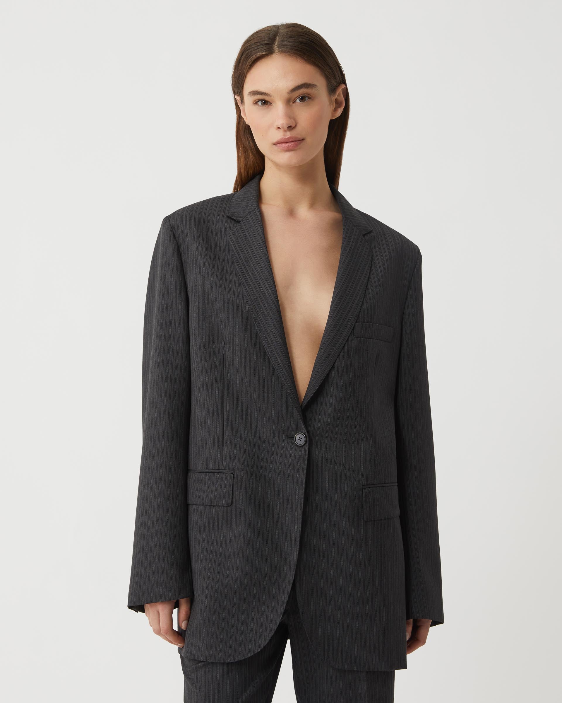 Renata Jacket in Wool Striped Suiting, Grey