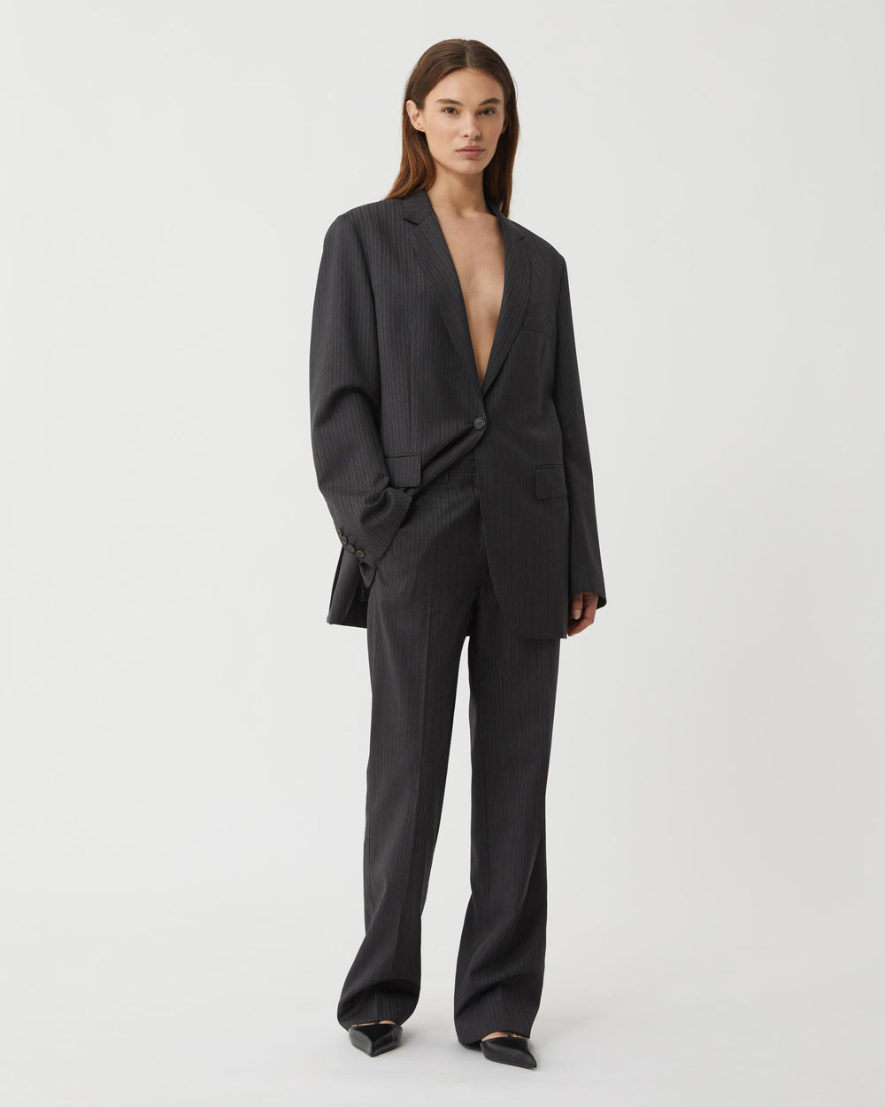 Avery Trouser in Wool Striped Suiting, Grey