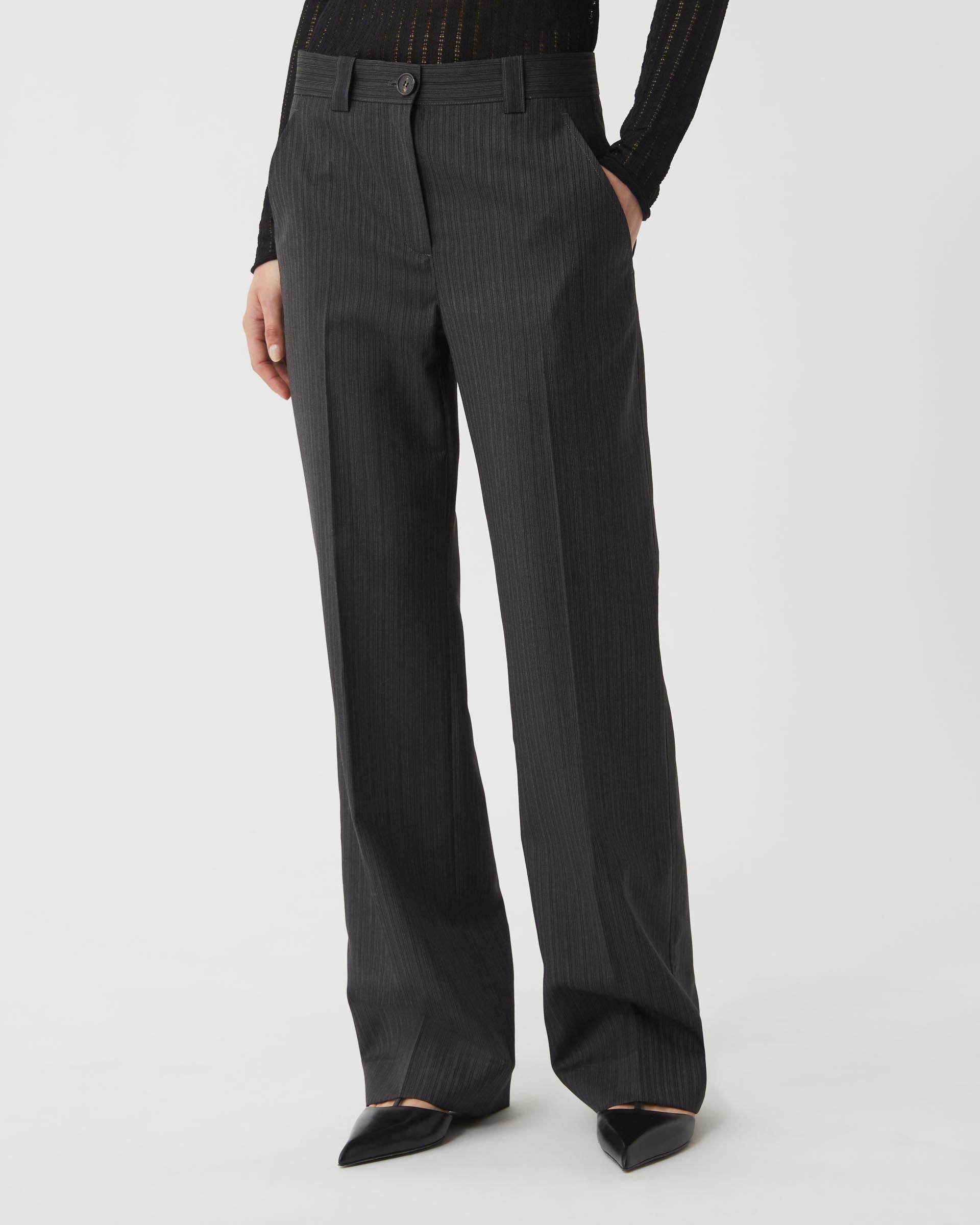 Grey wool striped Avery trousers by Veronica De Piante, tailored bottoms with a professional suit style.