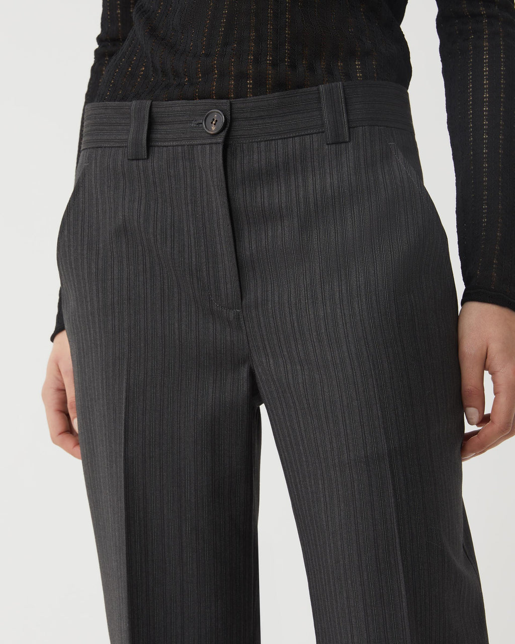 Veronica De Piante Avery wool striped grey trousers, tailored bottoms with a classic fit and subtle pattern.