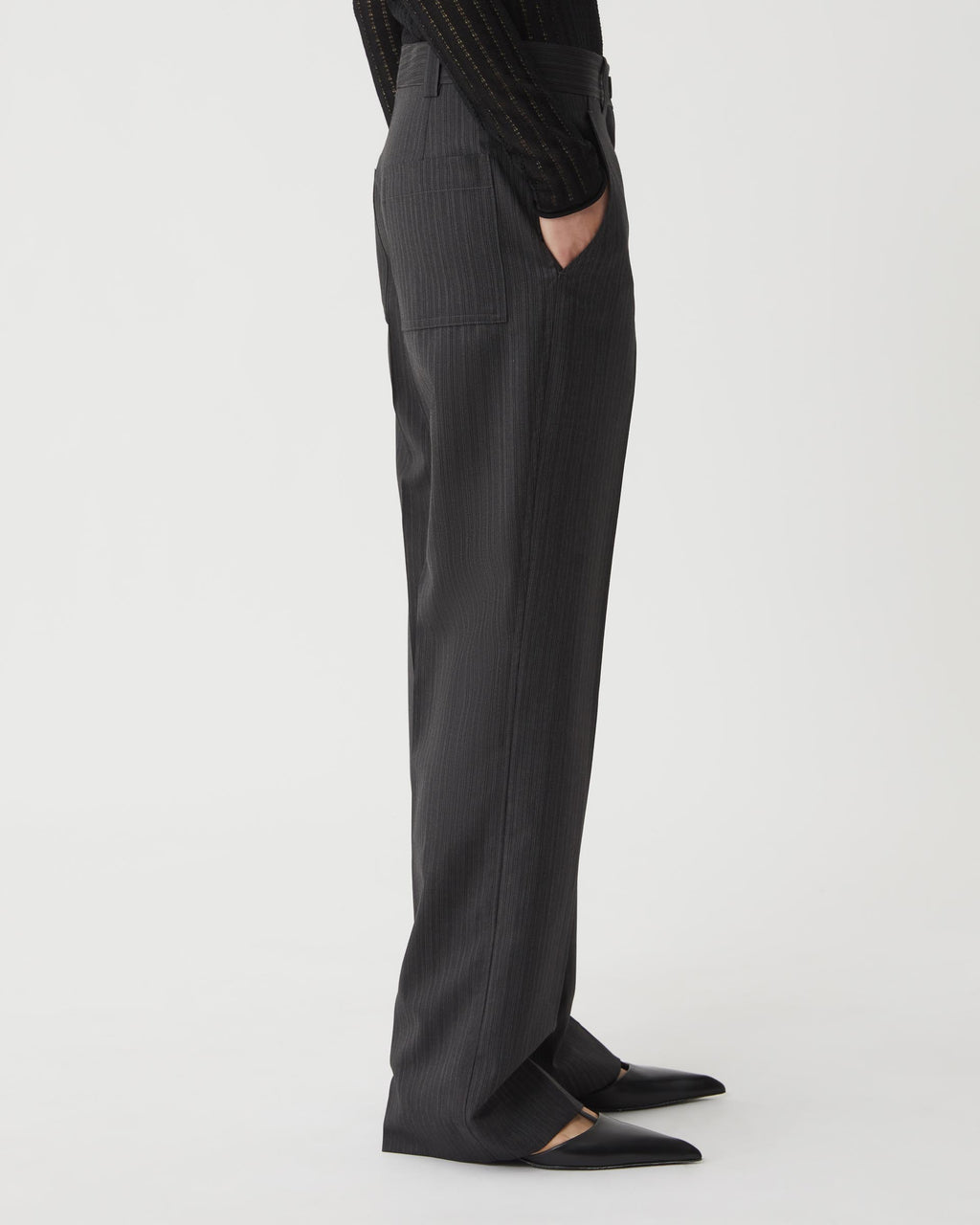 Veronica De Piante Avery wool striped grey trousers, tailored bottoms in a classic suit fabric, front view with pleats and waistband.