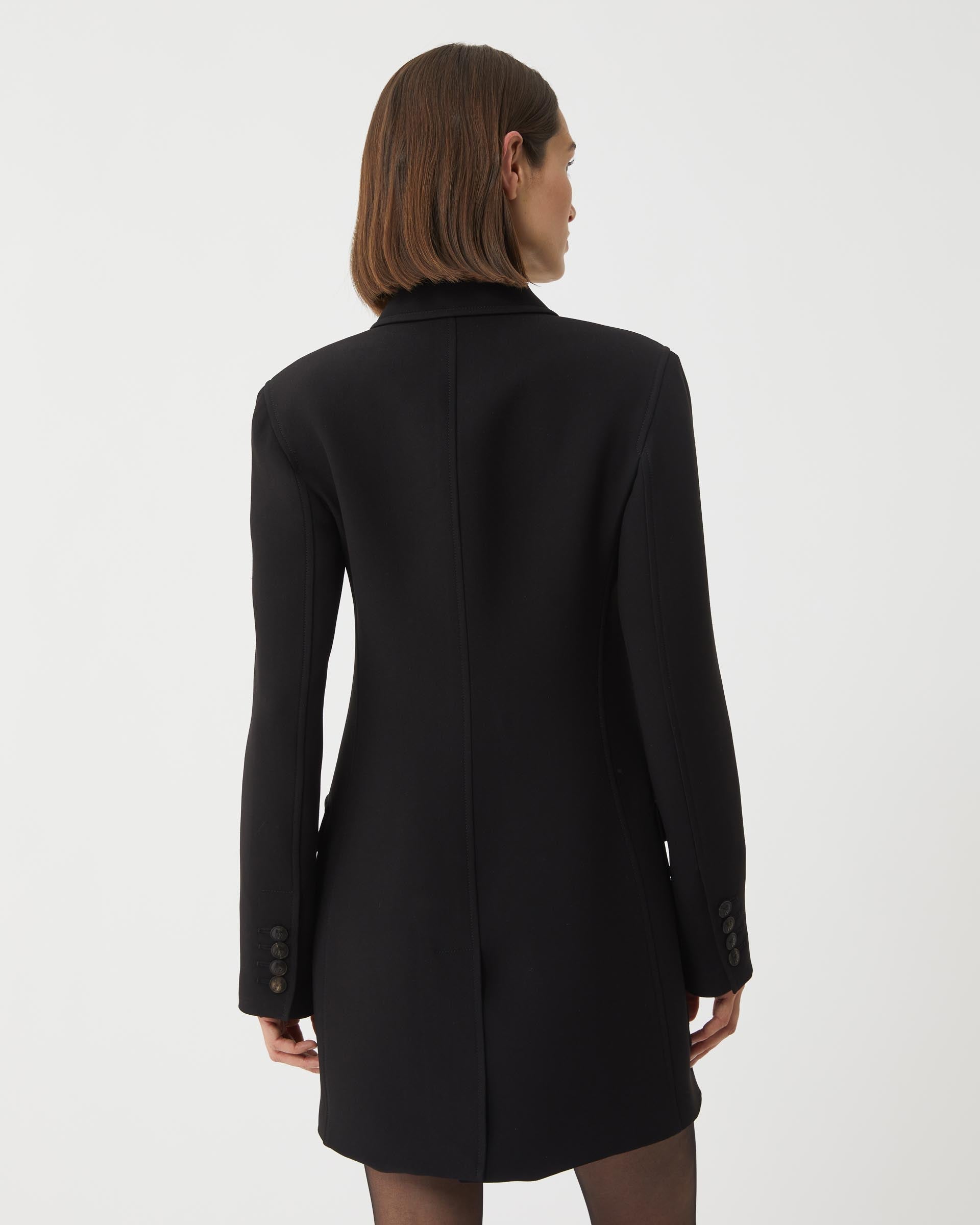 Black Alma Jacket in viscose crepe by Veronica De Piante, stylish coat with a sleek, tailored fit and textured fabric.