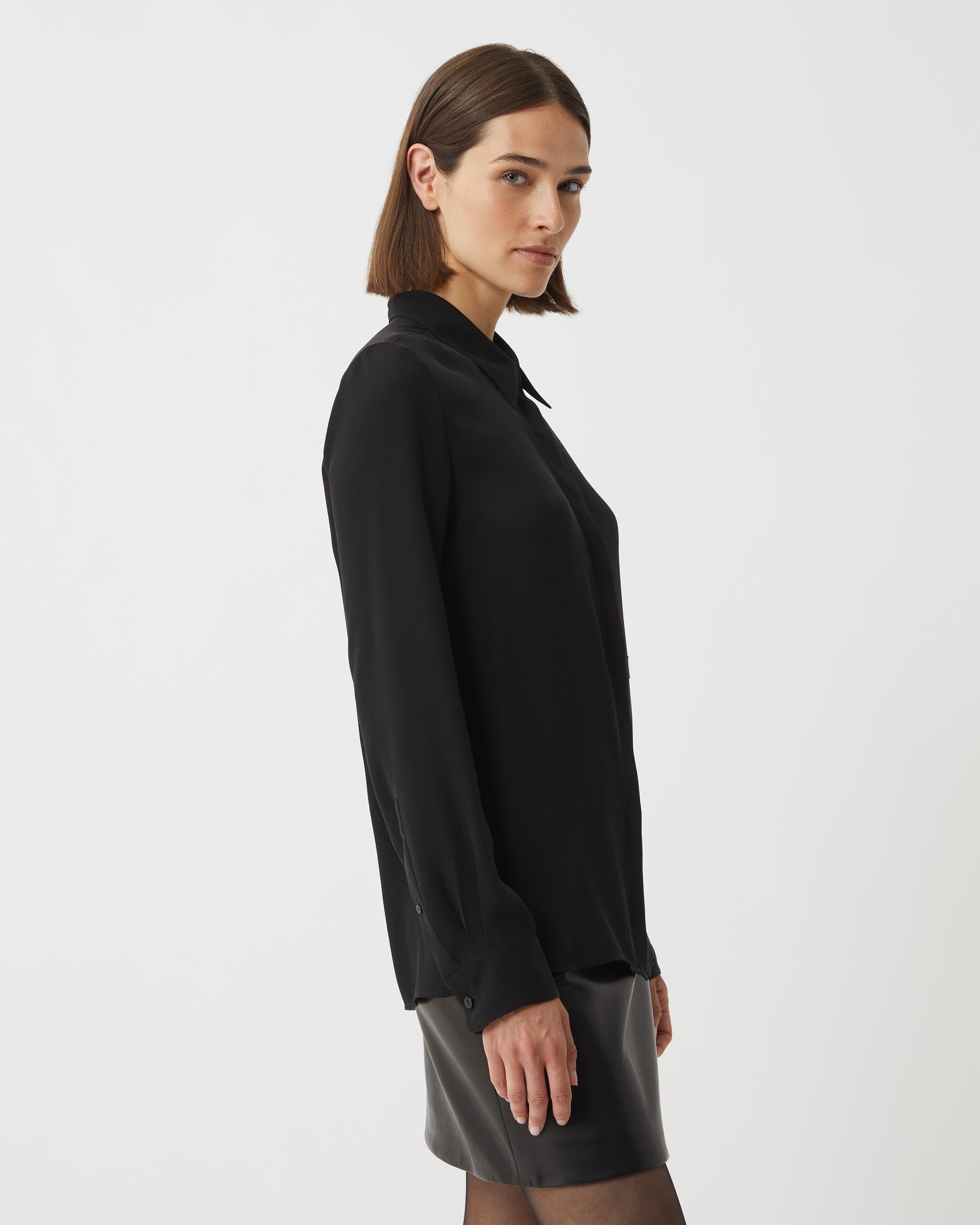 Black silk georgette Camille shirt from SALE, showcasing a flowy design and elegant silhouette.