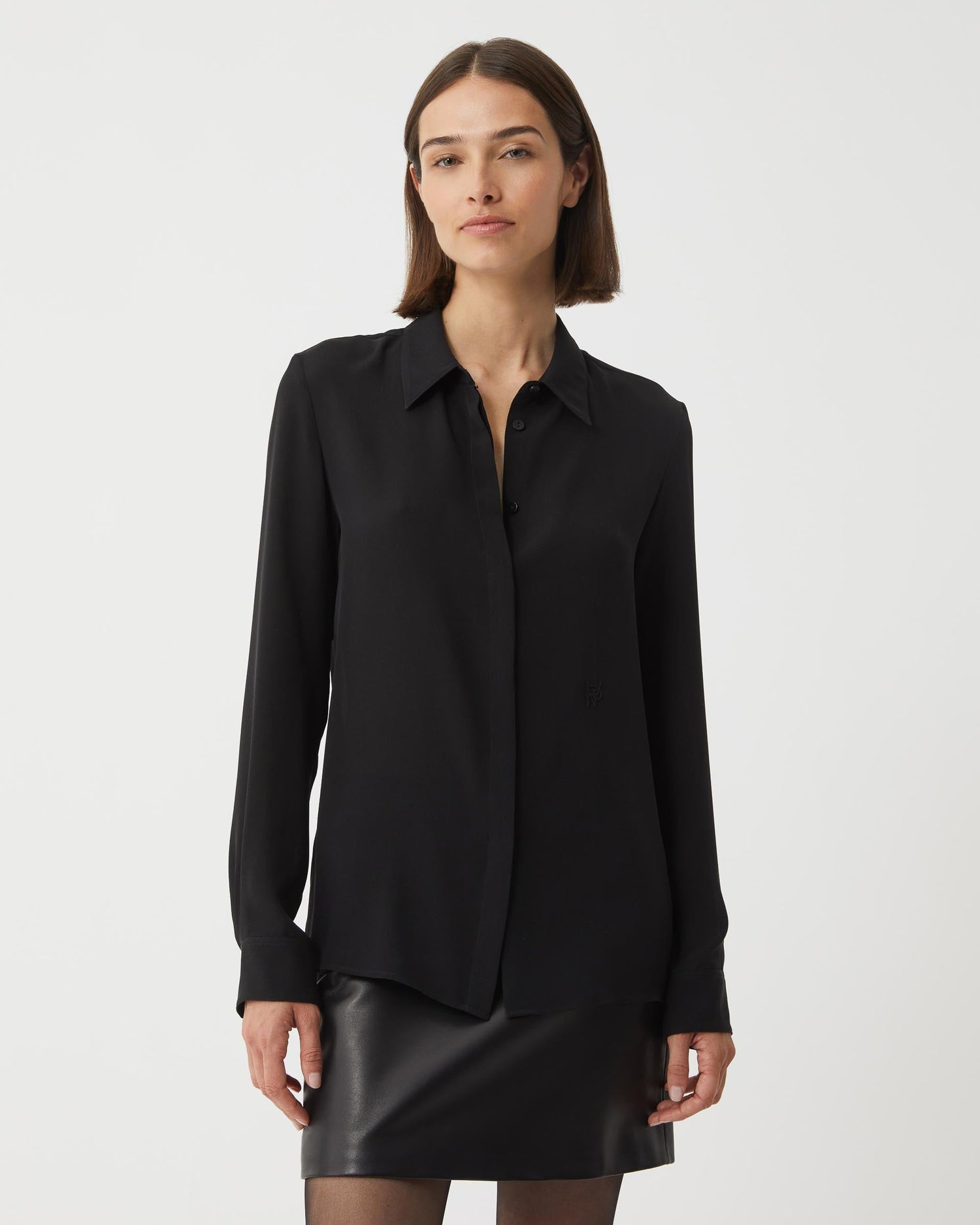 Black silk georgette Camille shirt by SALE, featuring a lightweight, flowing design ideal for elegant casual wear.