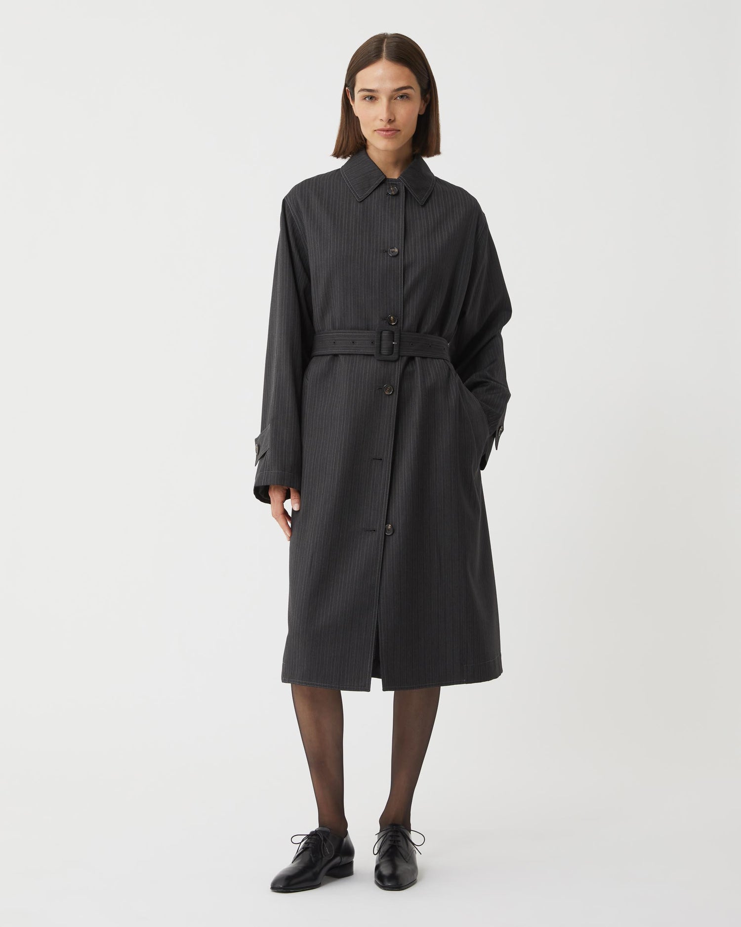 Madeleine Trench in Wool Striped Suiting, Grey