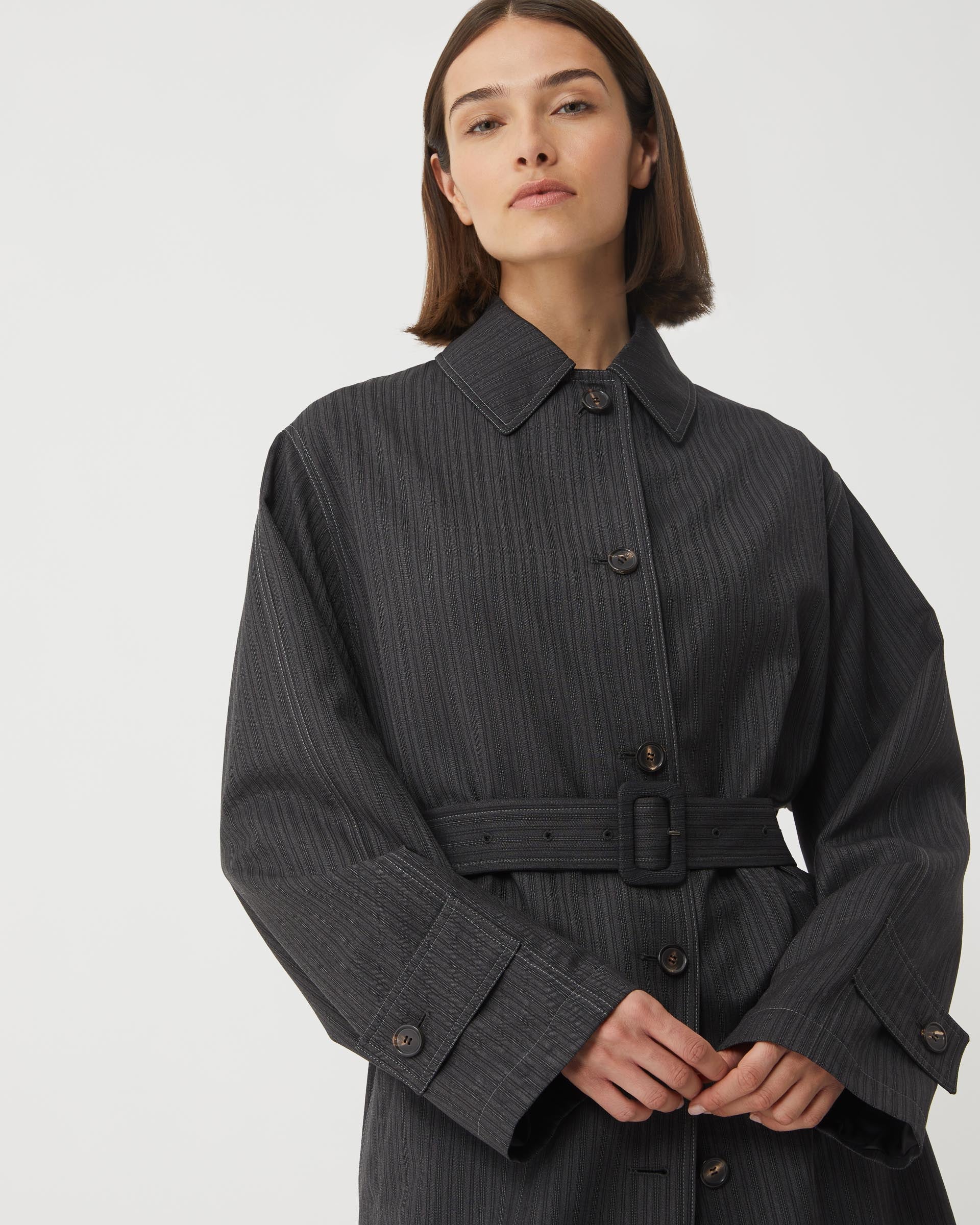 Madeleine Trench in Wool Striped Suiting, Grey