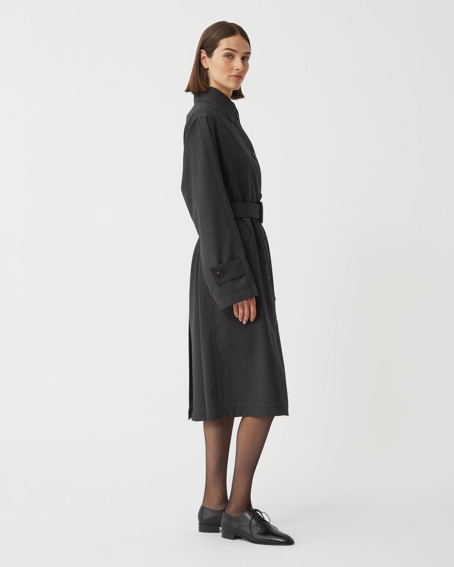 Madeleine Trench in Wool Striped Suiting, Grey