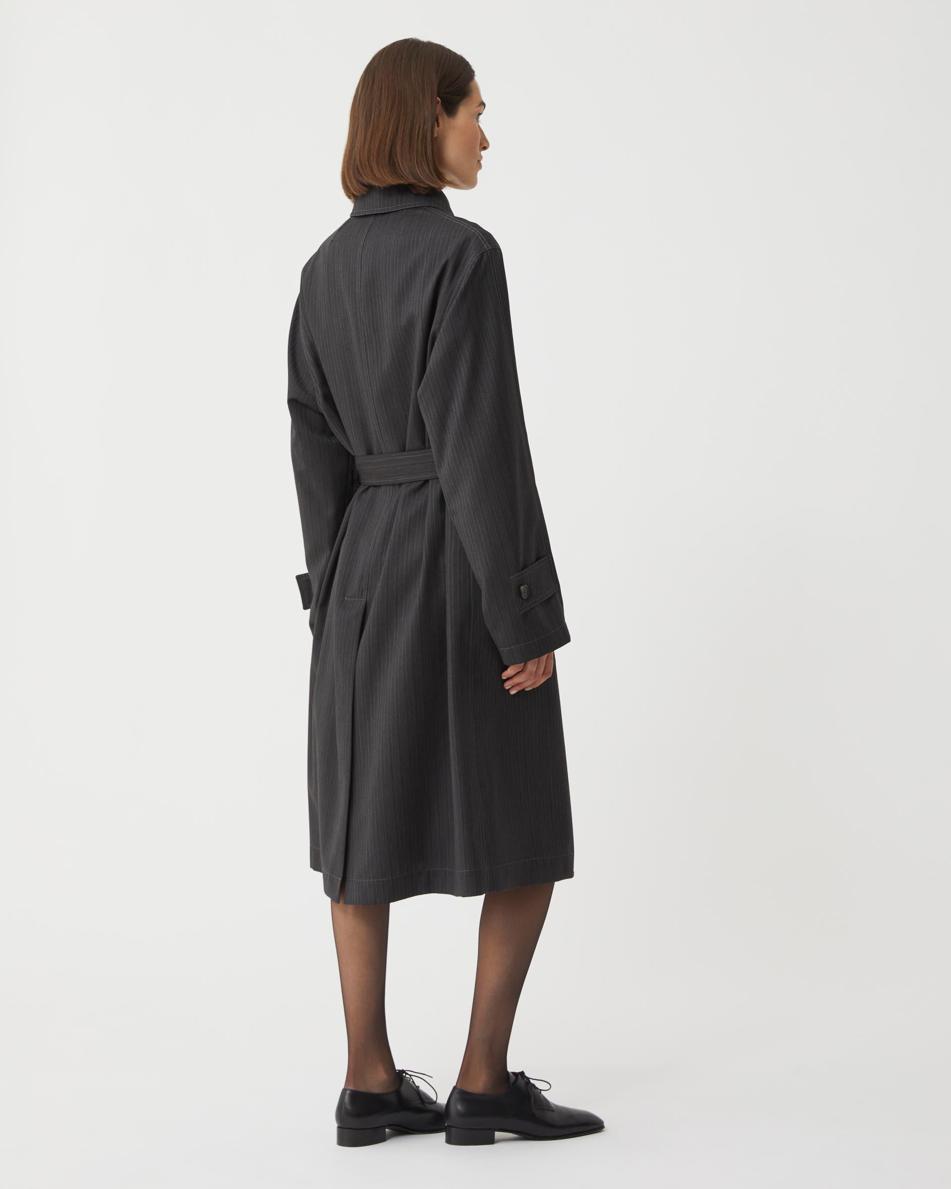 Madeleine Trench in Wool Striped Suiting, Grey