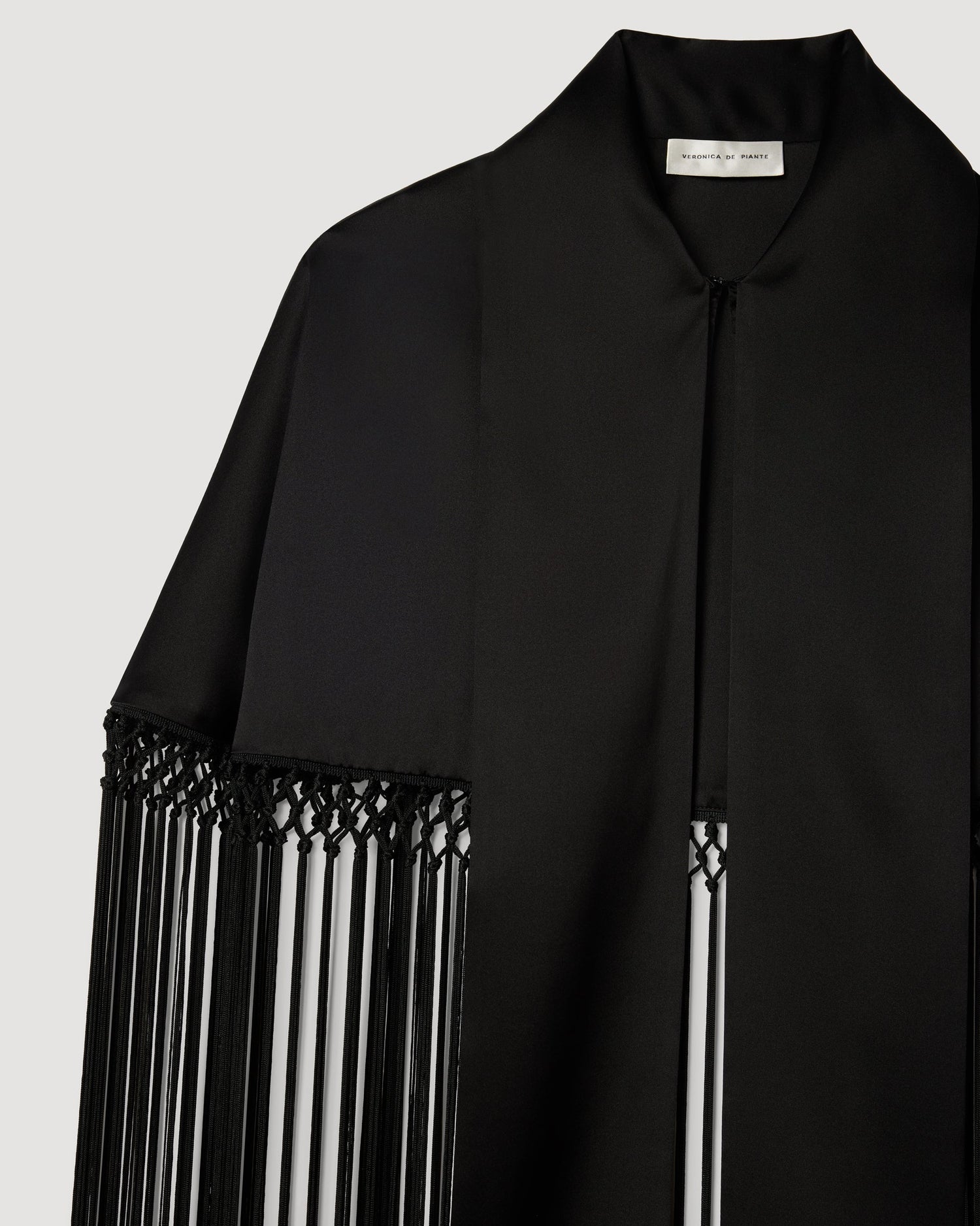 Lydia Fringe Cape in Charmeuse, Black