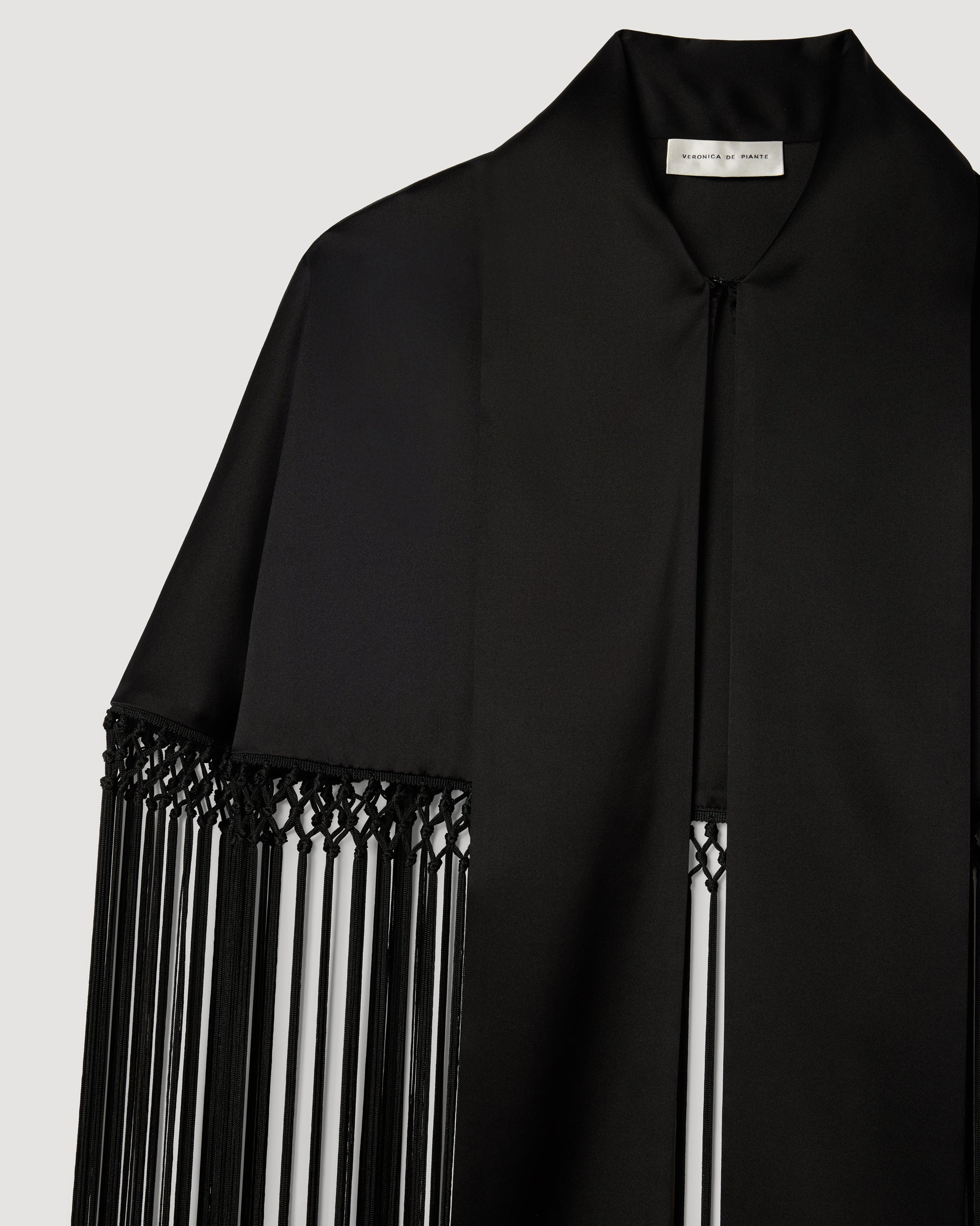 Lydia Fringe Cape in Charmeuse, Black