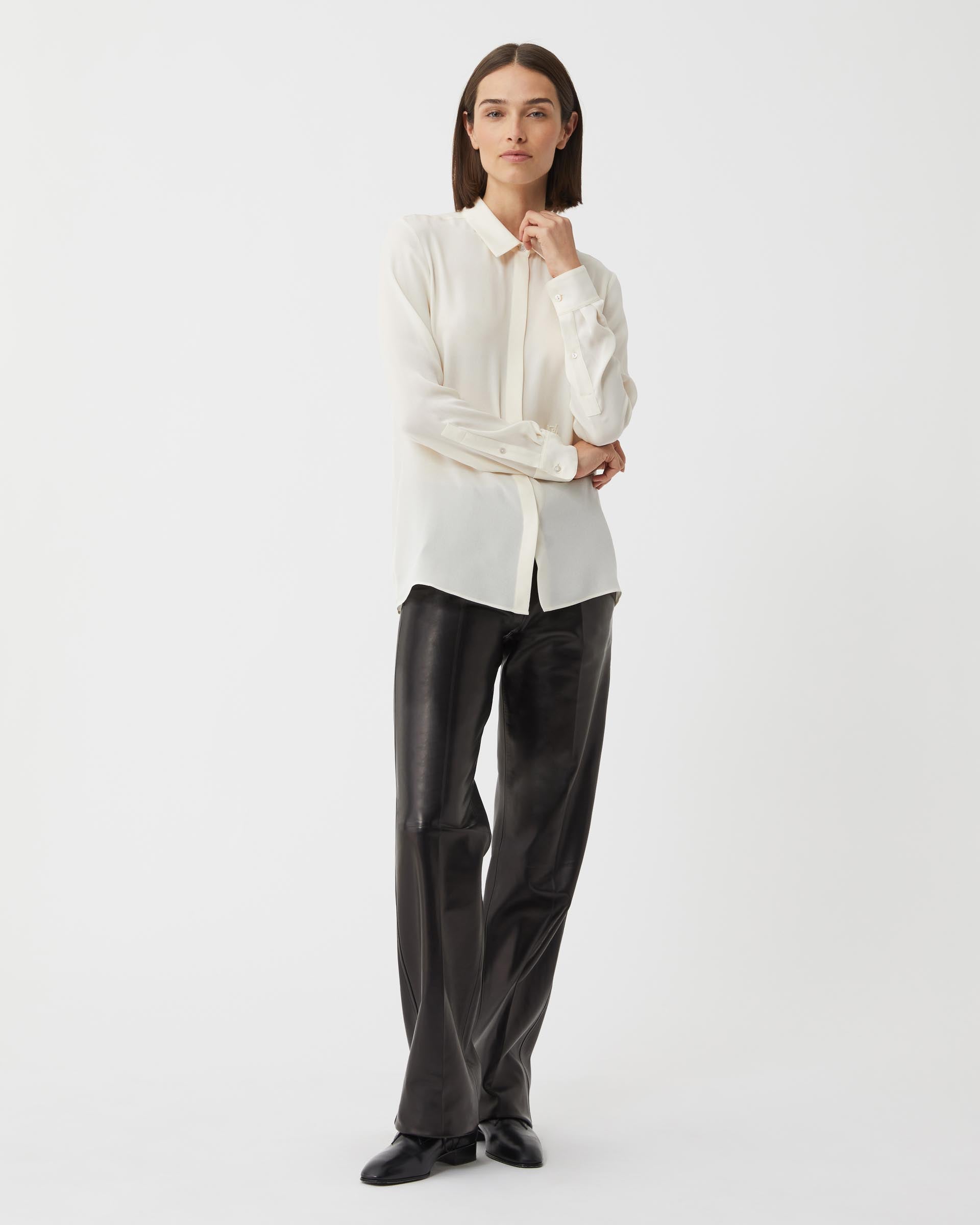Ivory Camille Shirt in silk georgette featuring a flowy design, perfect for stylish casual or formal outfits.