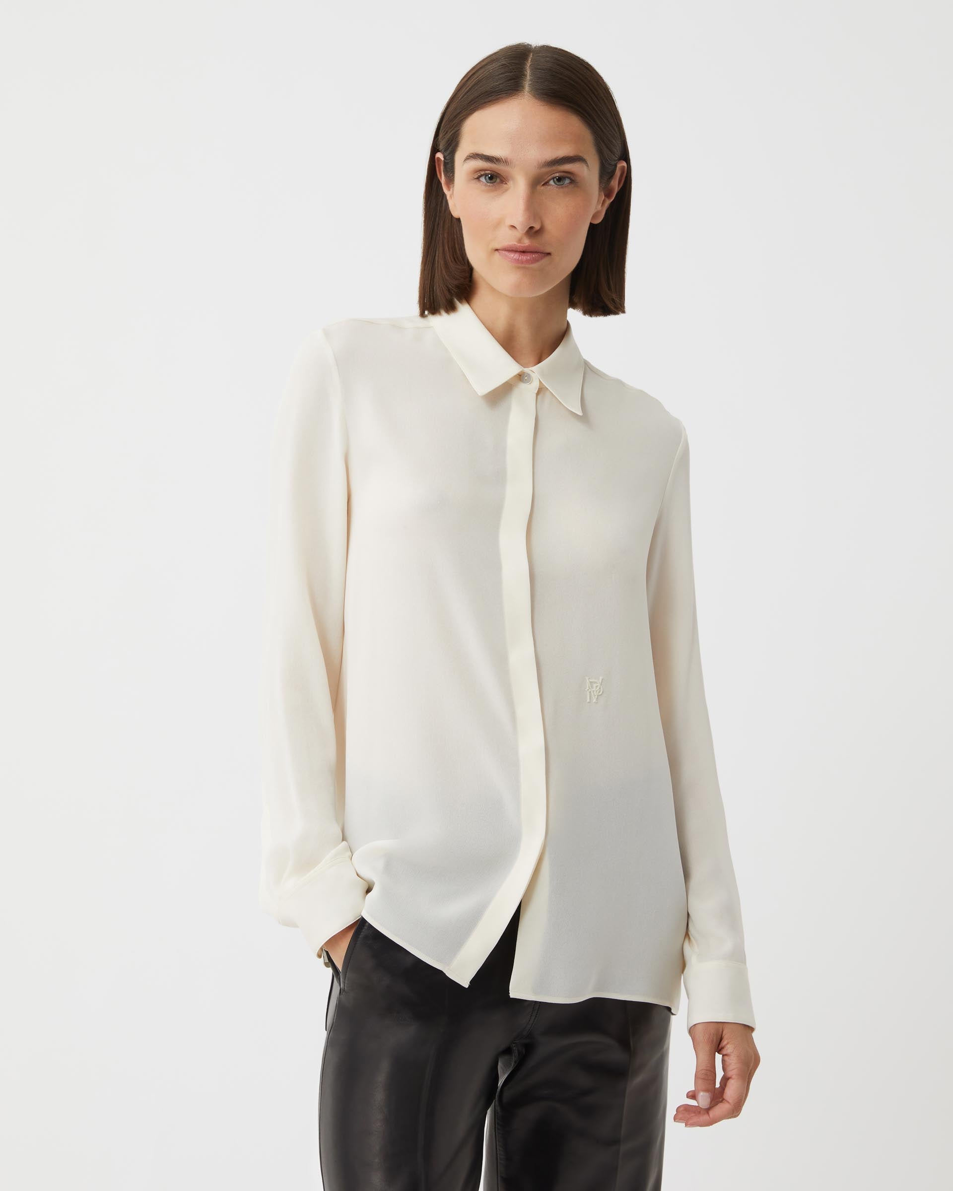 Ivory silk georgette Camille shirt from SALE, featuring a lightweight, flowing design perfect for stylish layering.