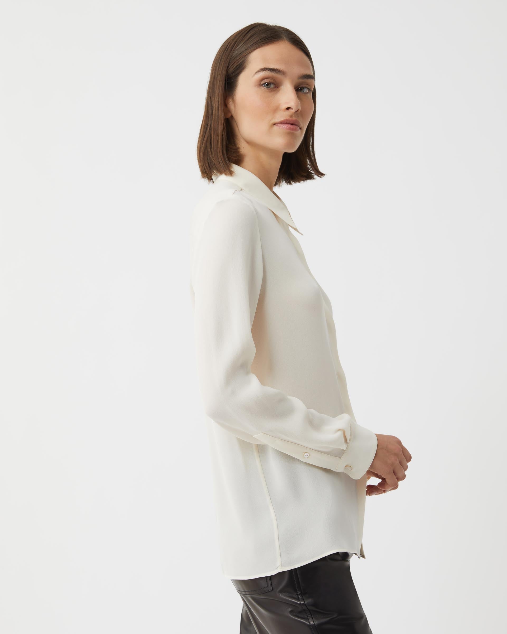 Ivory silk georgette Camille shirt from SALE, featuring a soft, flowy design and elegant, lightweight fabric.