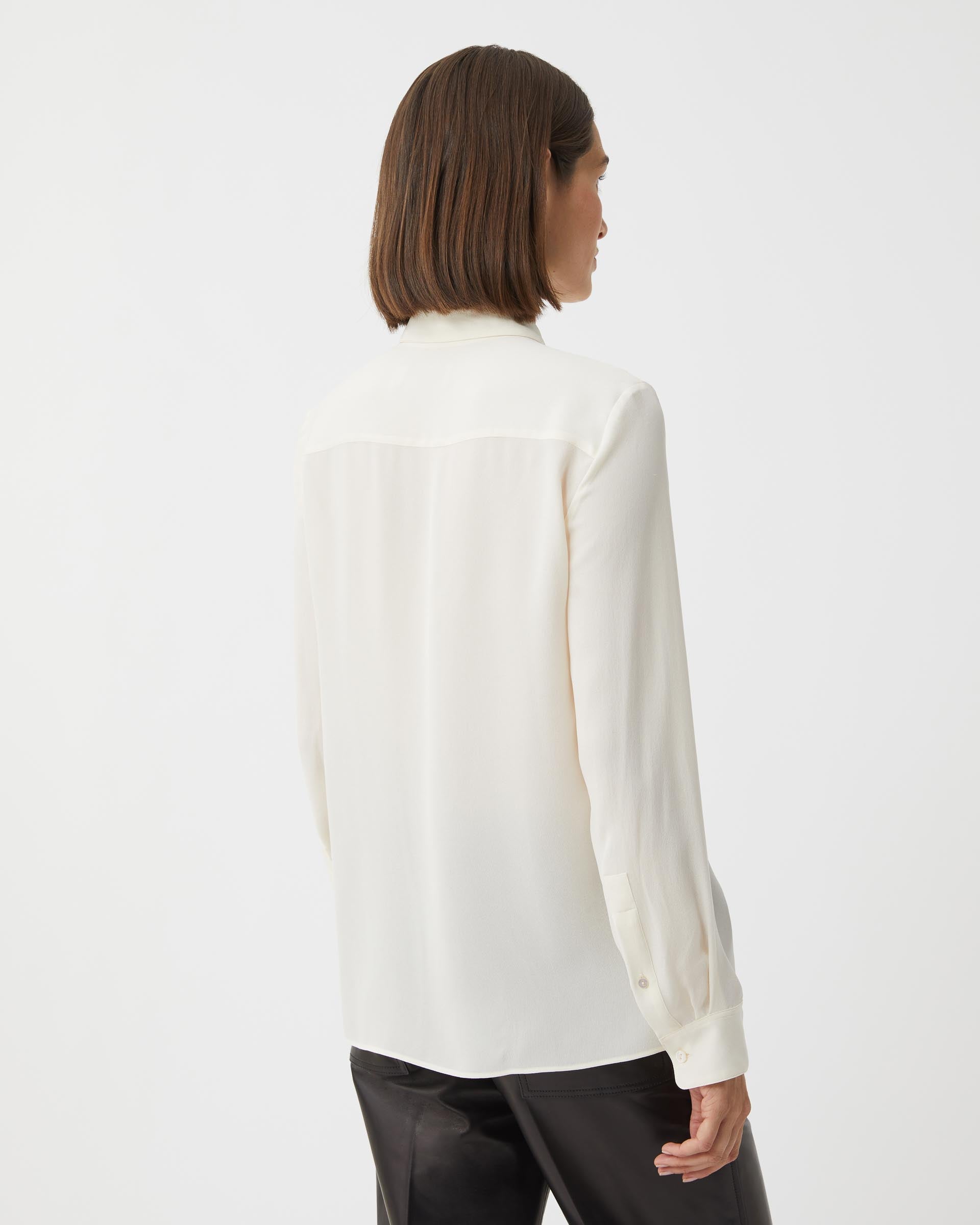 Ivory silk georgette Camille shirt from SALE, featuring a soft, flowing design and elegant neckline.