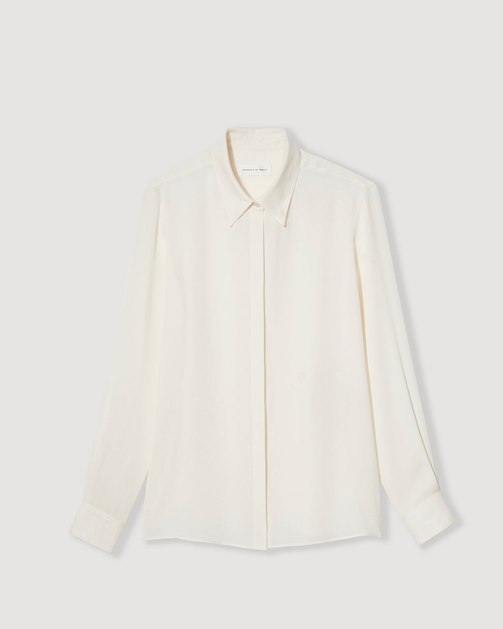 Ivory silk georgette Camille shirt by SALE, featuring a flowy design and elegant silhouette.