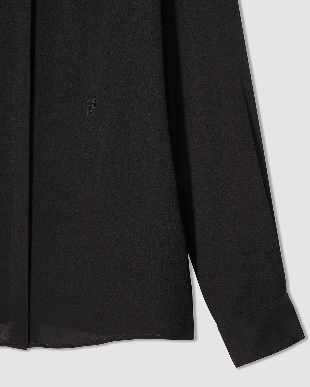 Black silk georgette Camille shirt by SALE, showcasing a flowy design and elegant silhouette.