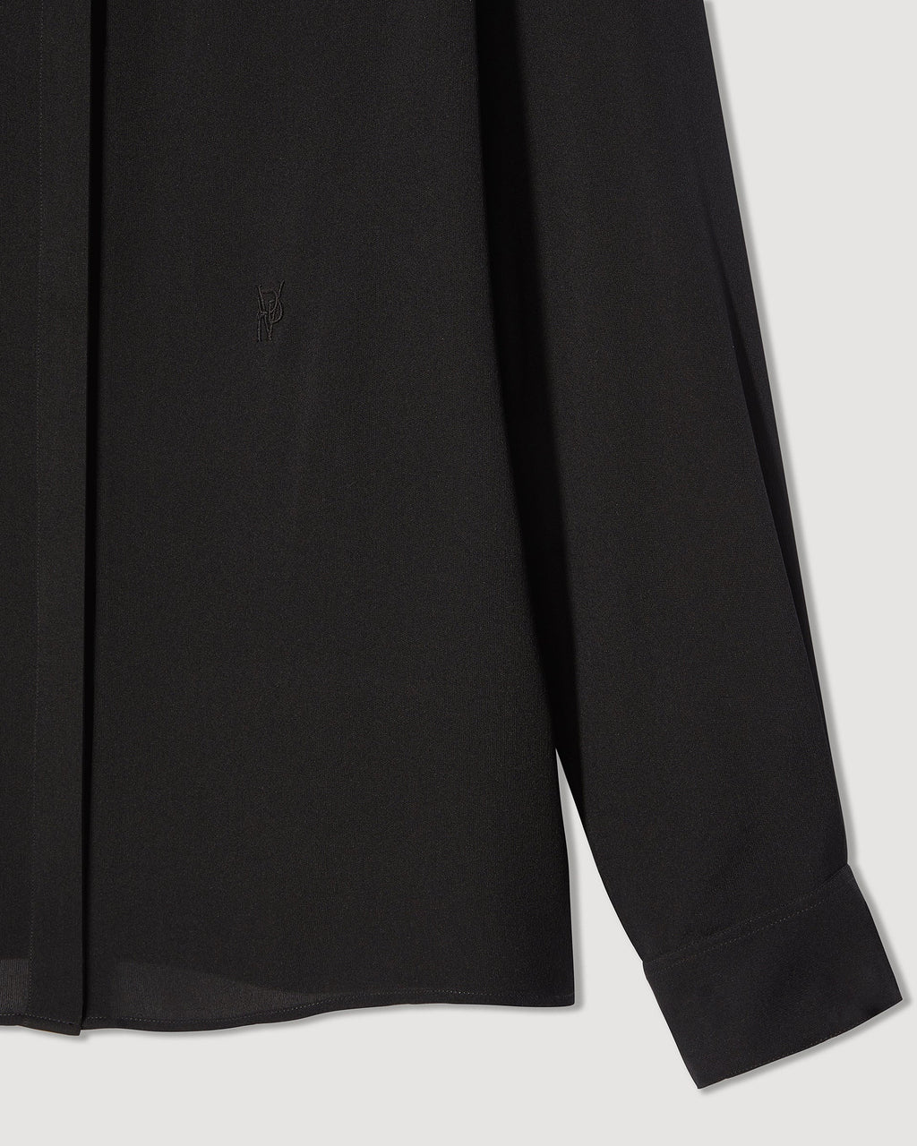 Black silk georgette Camille shirt from SALE, featuring a flowing design and elegant drape, perfect for sophisticated styling.