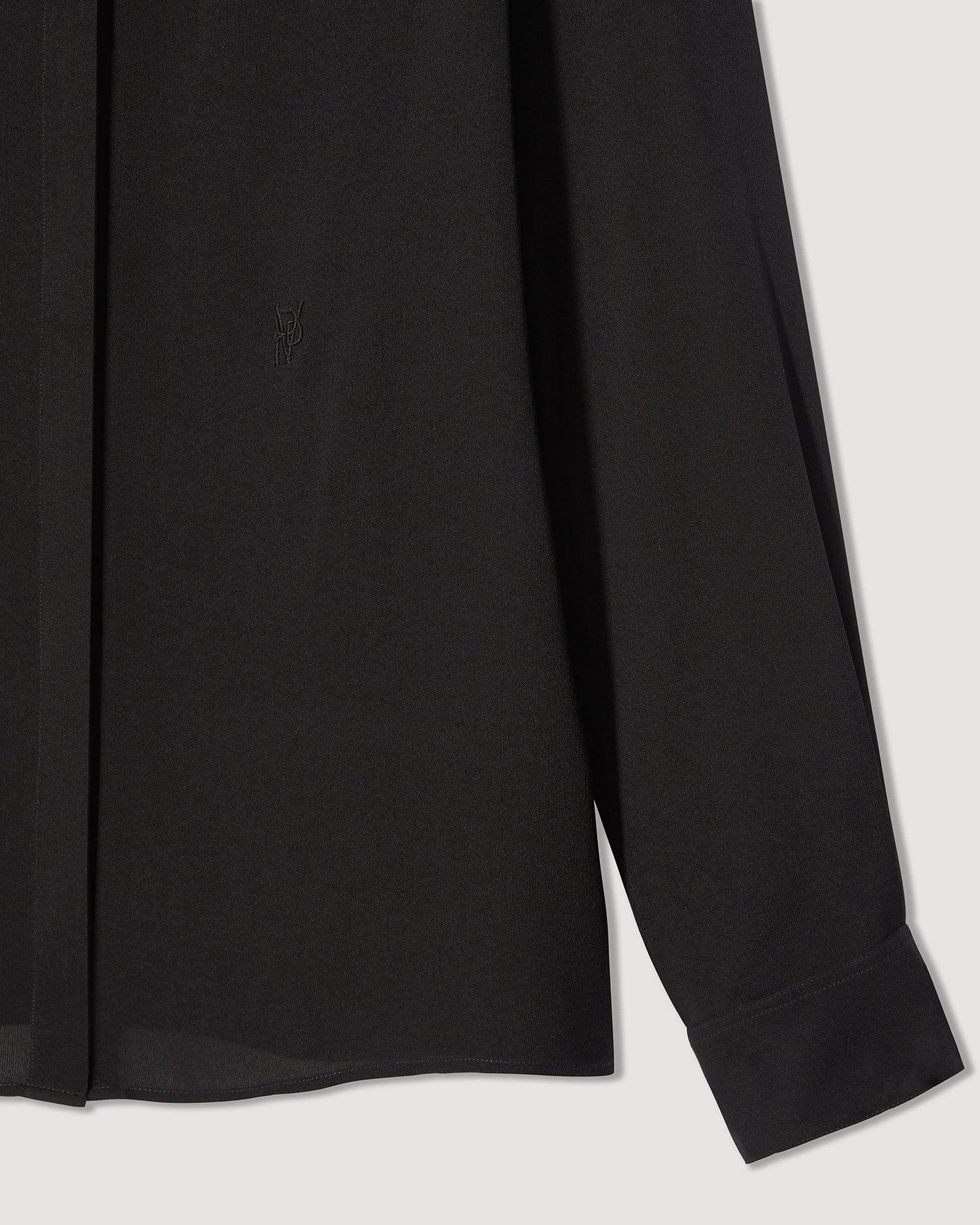 Black silk georgette Camille shirt from SALE, featuring a flowing design and elegant drape, perfect for sophisticated styling.