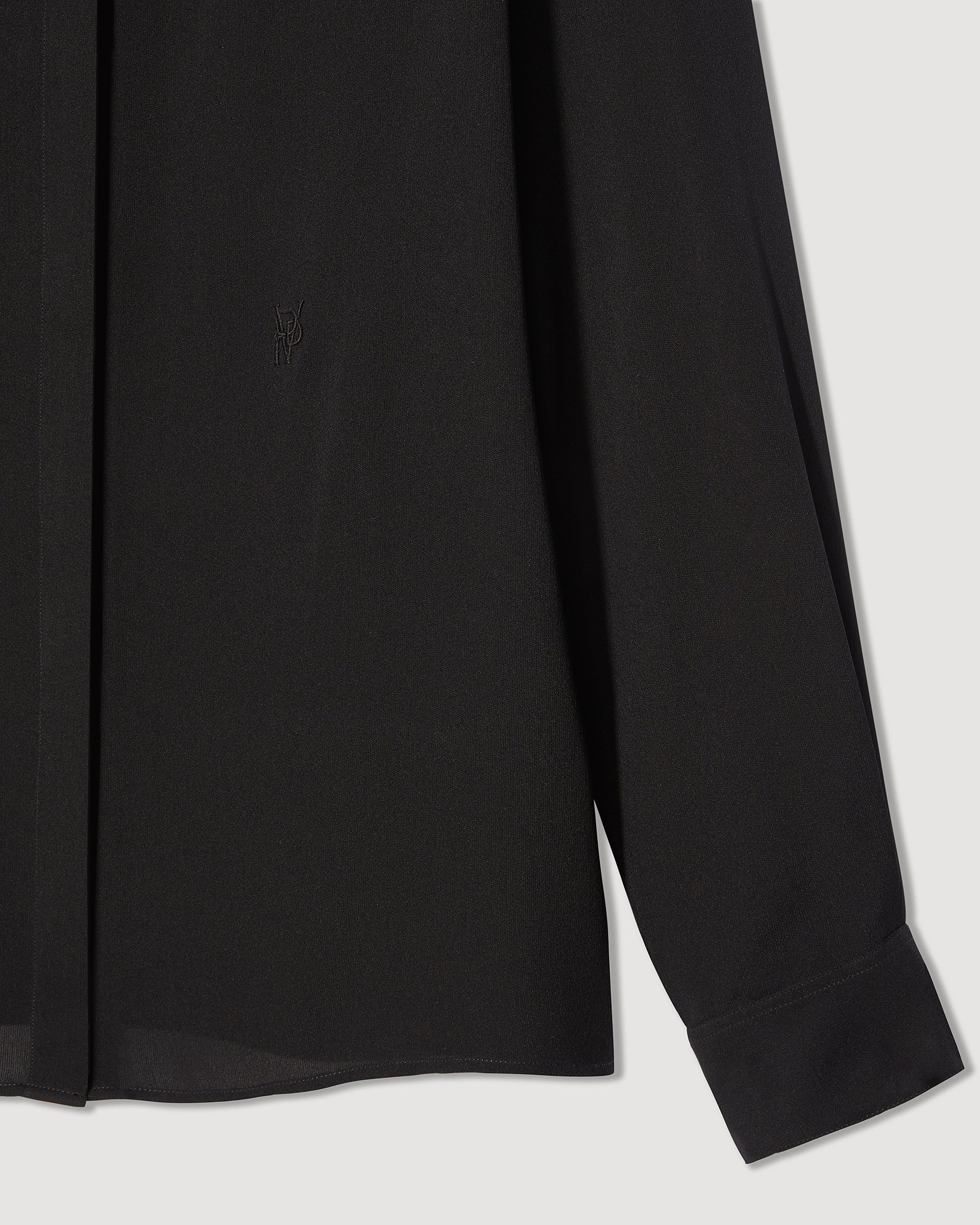 Black silk georgette Camille shirt from SALE, featuring a flowing design and elegant drape, perfect for sophisticated styling.