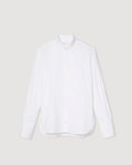 White Ruby Tuxedo Shirt in crisp cotton poplin. Formal menswear inspired with band collar, tuxedo bib, mother of pearl buttons. Packshot