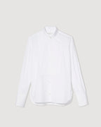 White cotton poplin tuxedo shirt by Veronica De Piante displayed on a flat surface, showcasing its sleek design.
