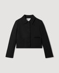 Black Ines Jacket packshot. Boxy, cropped structured wool viscose jacket with hand-sewn pocket embroidery.